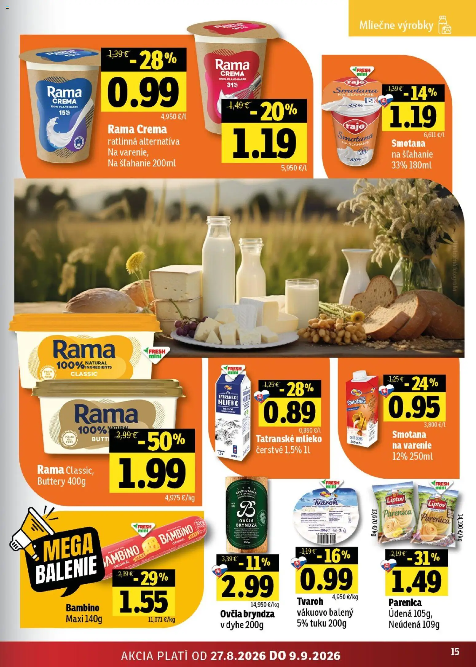 Nové Fresh akcie – leták je platný od 27.08.2026 | Strana: 15 | Produkty: Mlieko, Bryndza, Tvaroh, Rama