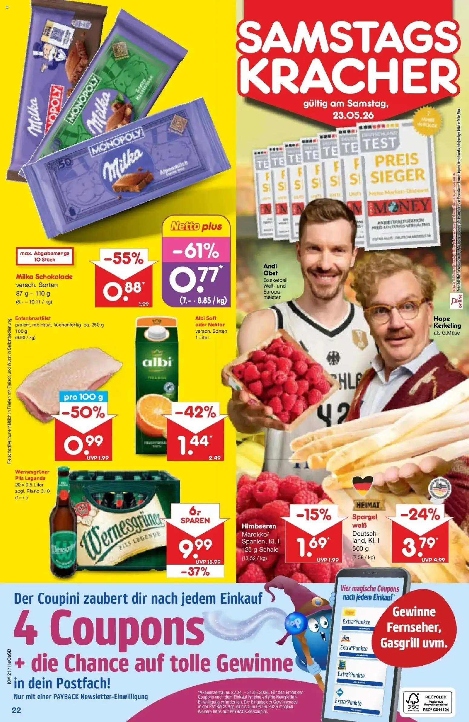 Netto Marken-Discount Prospekt Kröpelin	 – gültig ab 17.05.2026 | Seite: 22 | Produkte: Himbeeren, Basketball, Wurst, Fleisch