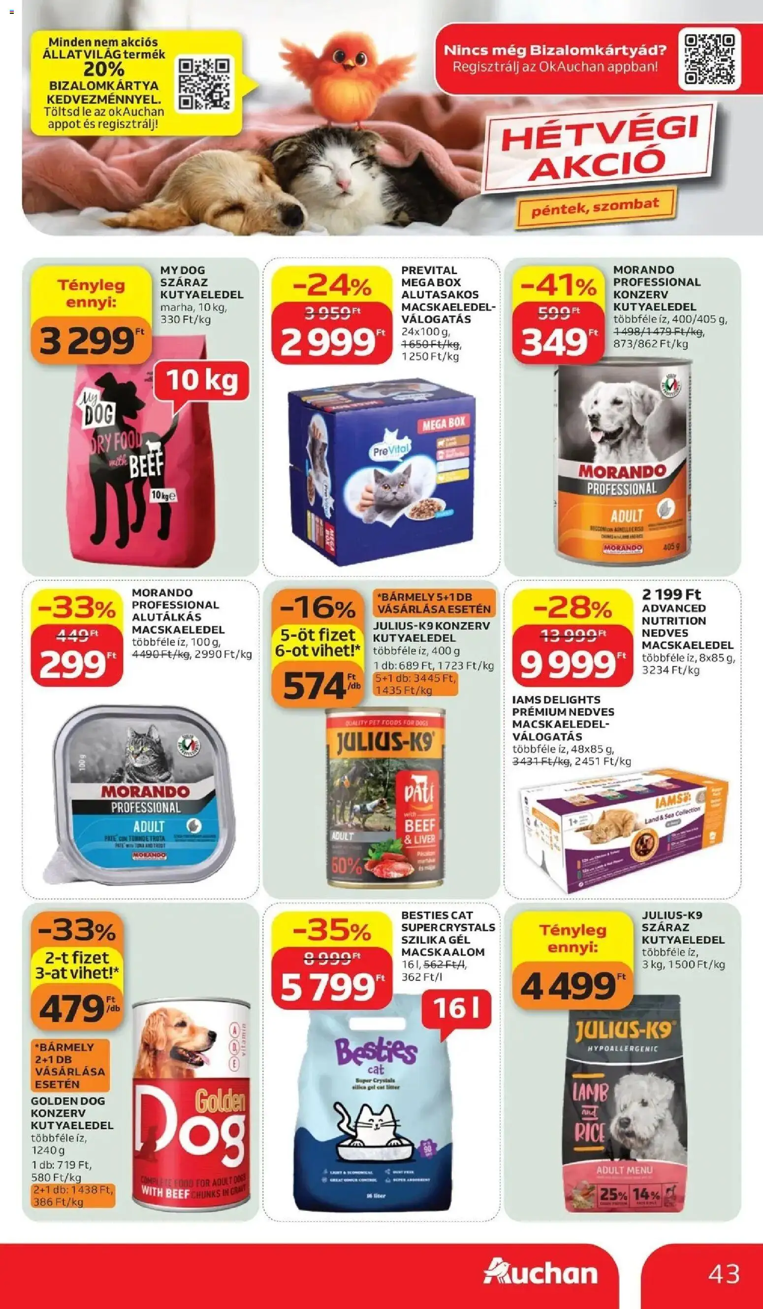 Auchan akciós ujság - amely érvényes a következő dátumtól: 11.06.2026 | Oldal: 43 | Termékek: Macskaalom, Macskaeledel, Kutyaeledel