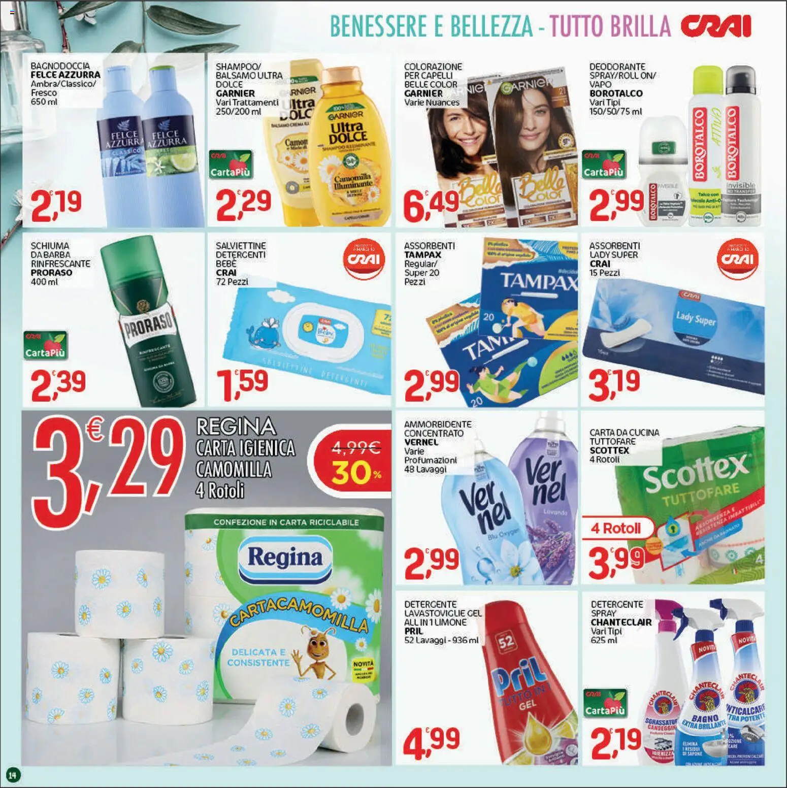 Volantino CRAI del 06/08/2026 | Pagina: 14 | Prodotti: Ammorbidente, Detergente, Lavastoviglie, Assorbenti