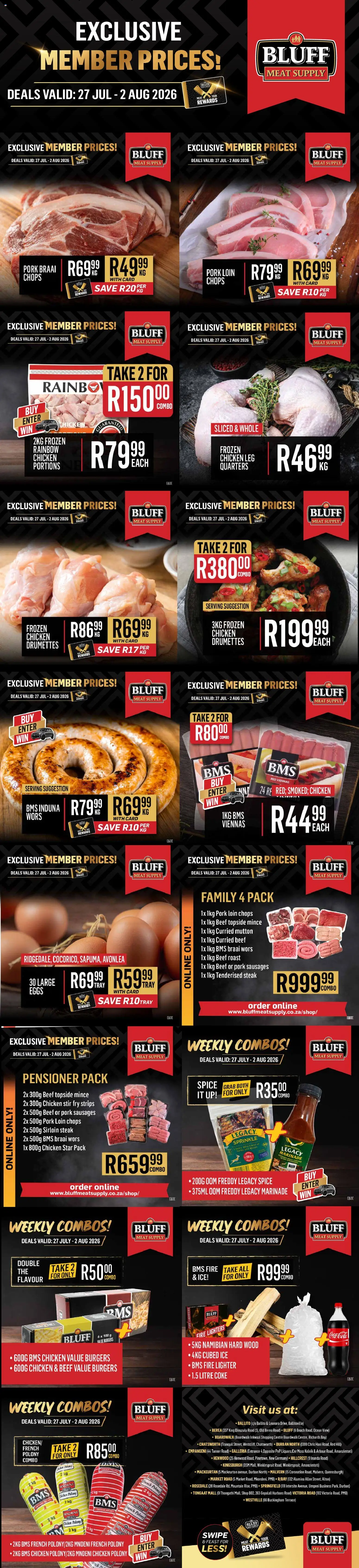 New Bluff Meat Supply catalogue – valid from 27/07/2026 | Page: 1 | Products: Steak, Coke, Chicken, Beef