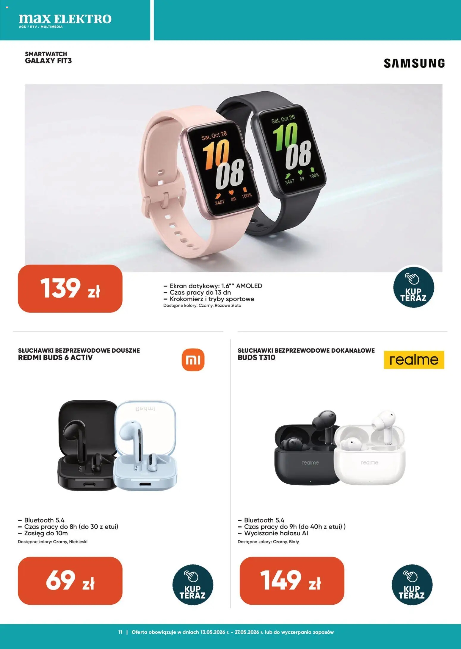 Max elektro gazetka od 13.05.2026 | Strona: 11 | Produkty: Słuchawki, Słuchawki bezprzewodowe, Smartwatch