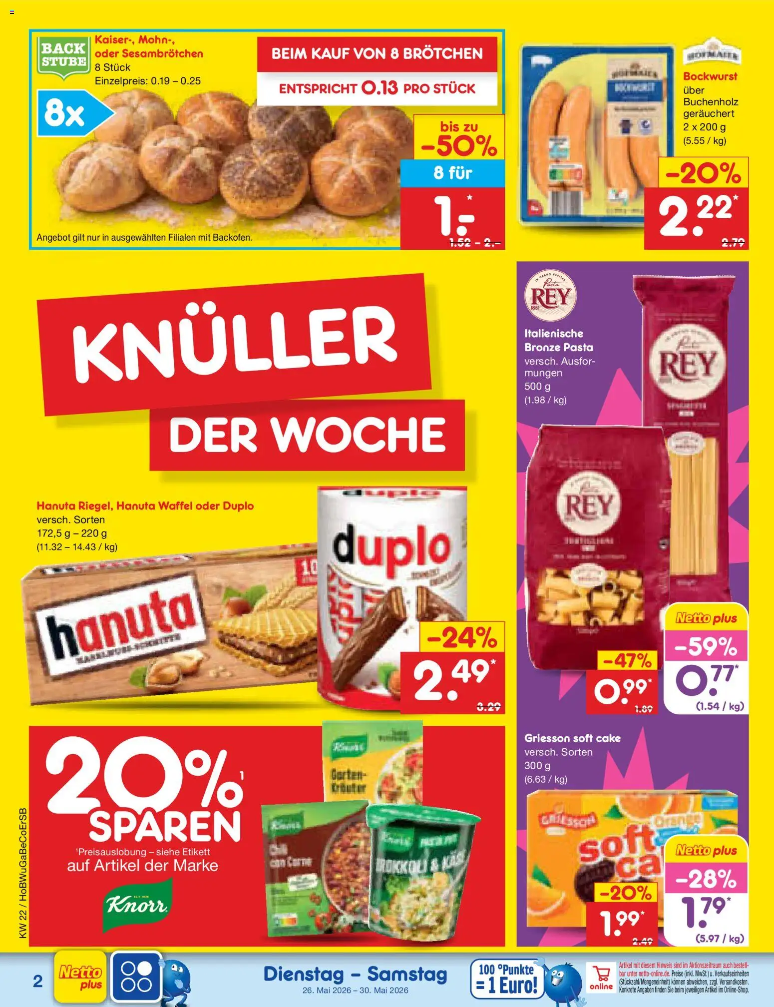 Netto Marken-Discount Prospekt 	 – gültig ab 26.05.2026 | Seite: 2 | Produkte: Bockwurst, Brokkoli, Pasta