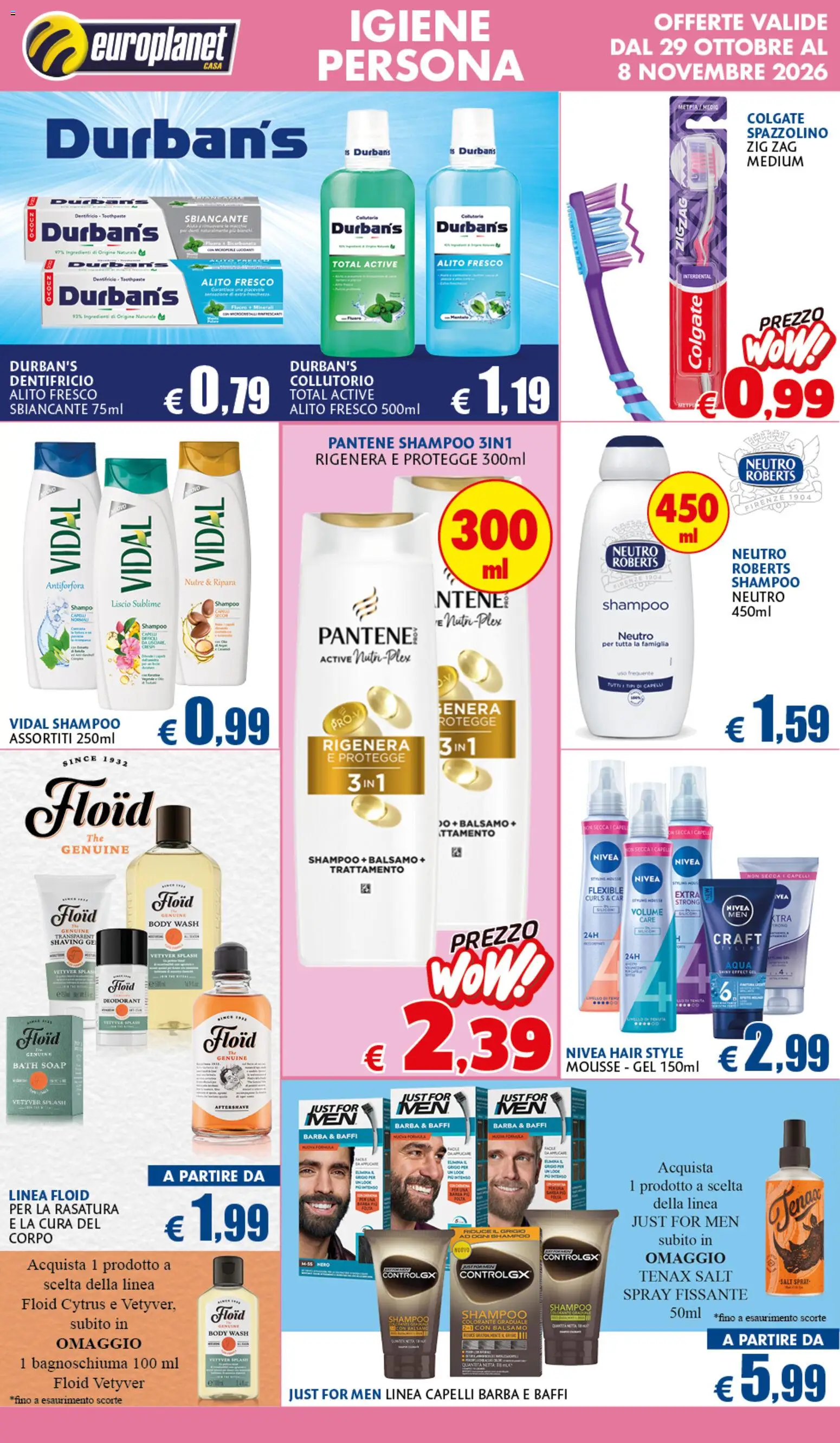 Volantino Europlanet Casa del 29/10/2026 | Pagina: 2 | Prodotti: Shampoo, Balsamo, Spazzolino, Ingredienti