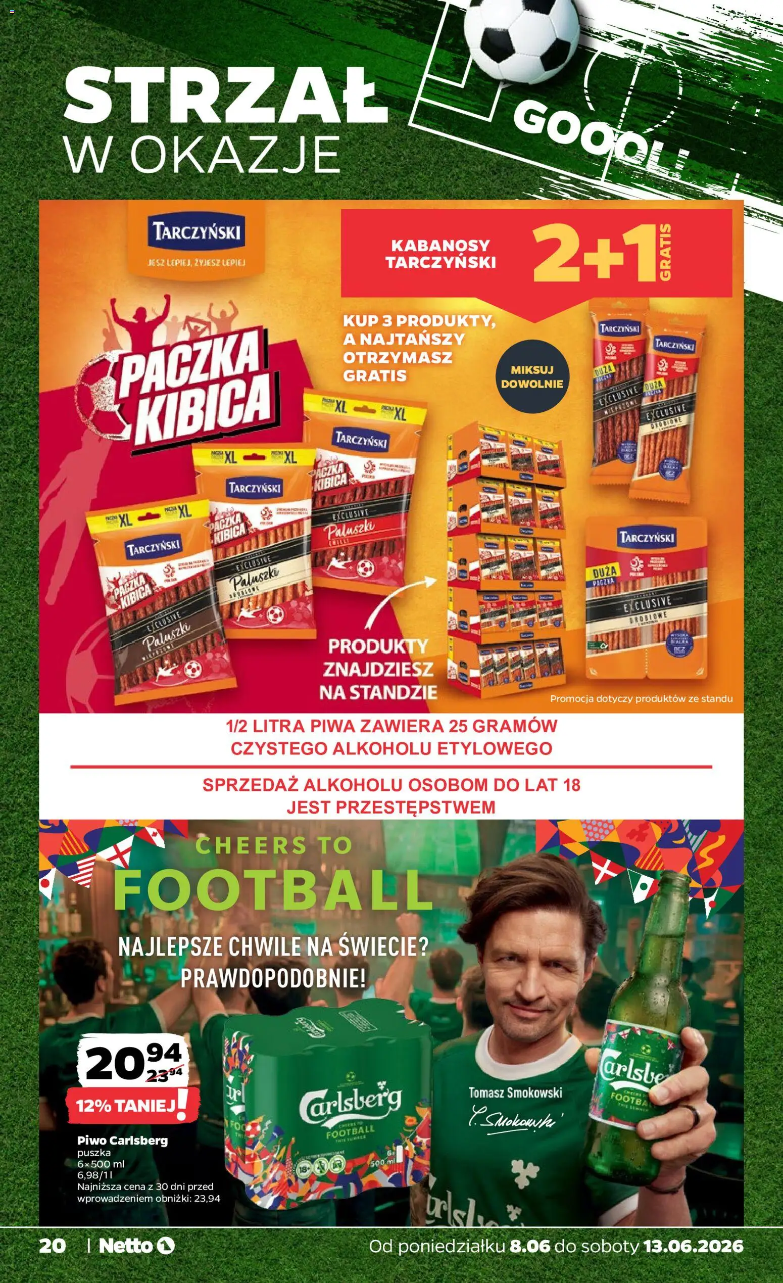 Netto gazetka od poniedziałku spożywcza od 08.06.2026 | Strona: 20 | Produkty: Kabanosy, Paluszki, Piwo Carlsberg, Piwo