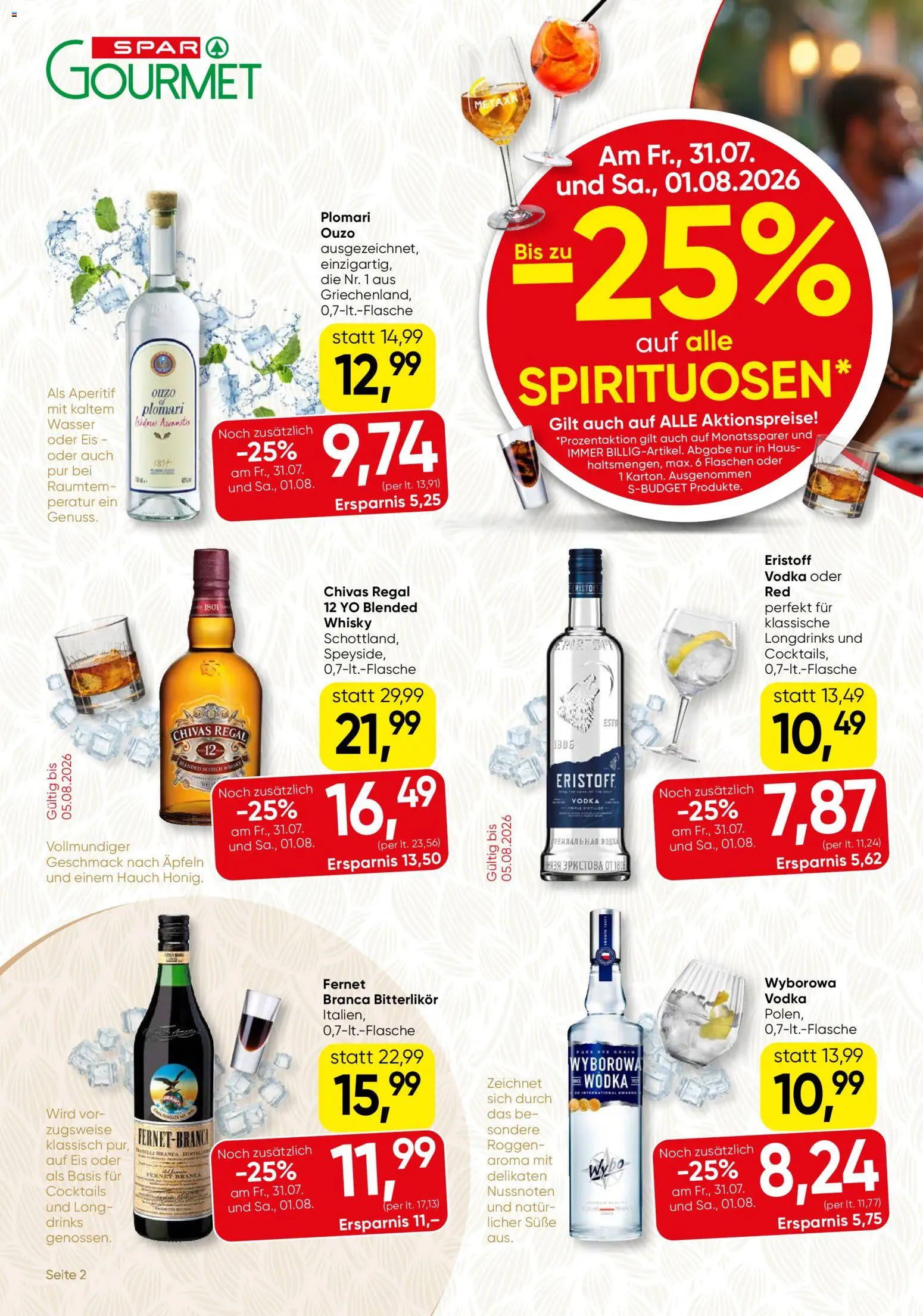 SPAR Gourmet Flugblatt gültig ab 30.07.2026 | Seite: 2 | Produkte: Wodka, Eis, Wasser, Regal