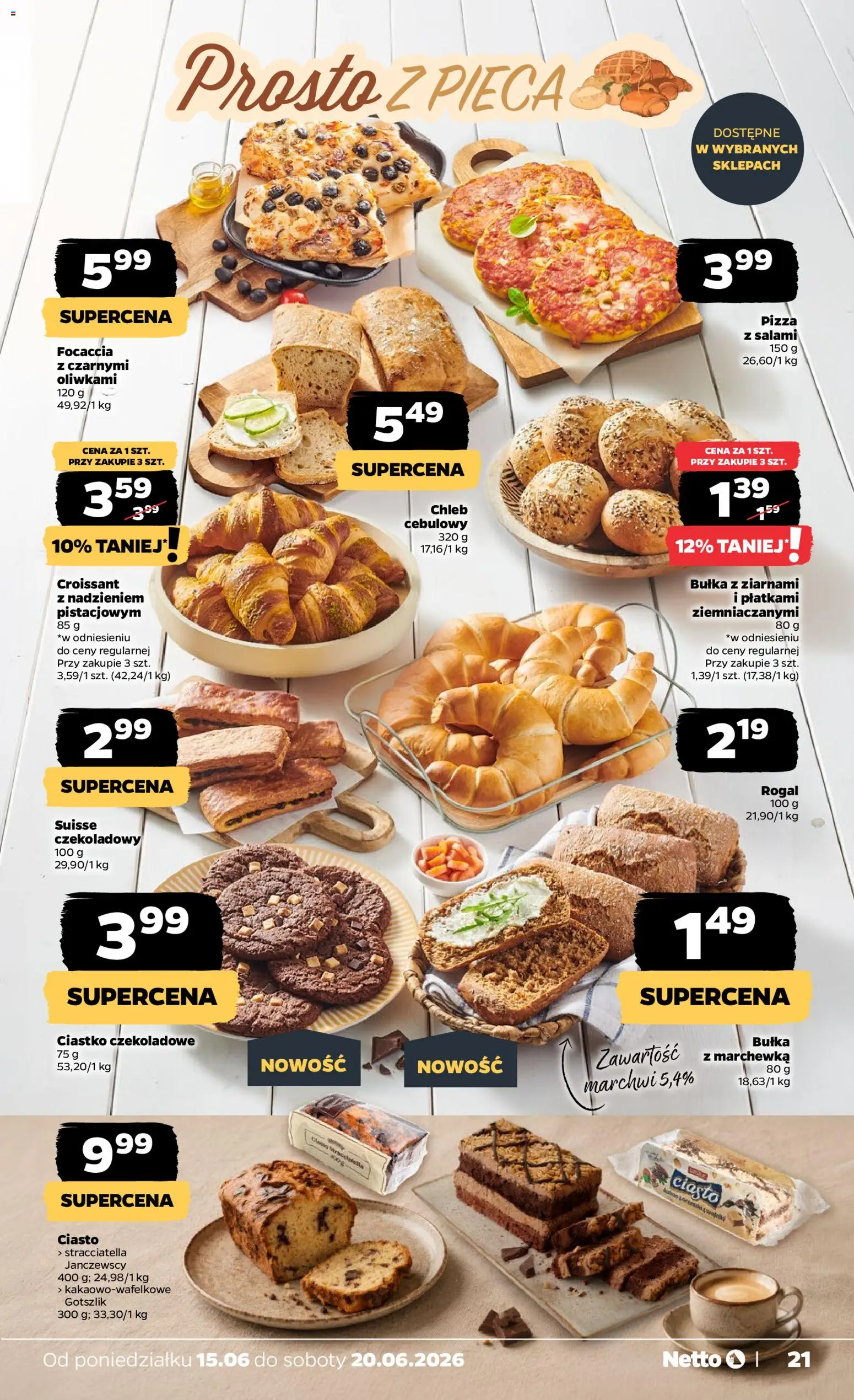Netto gazetka od poniedziałku spożywcza od 15.06.2026 | Strona: 21 | Produkty: Chleb, Salami, Pizza, Marchewka