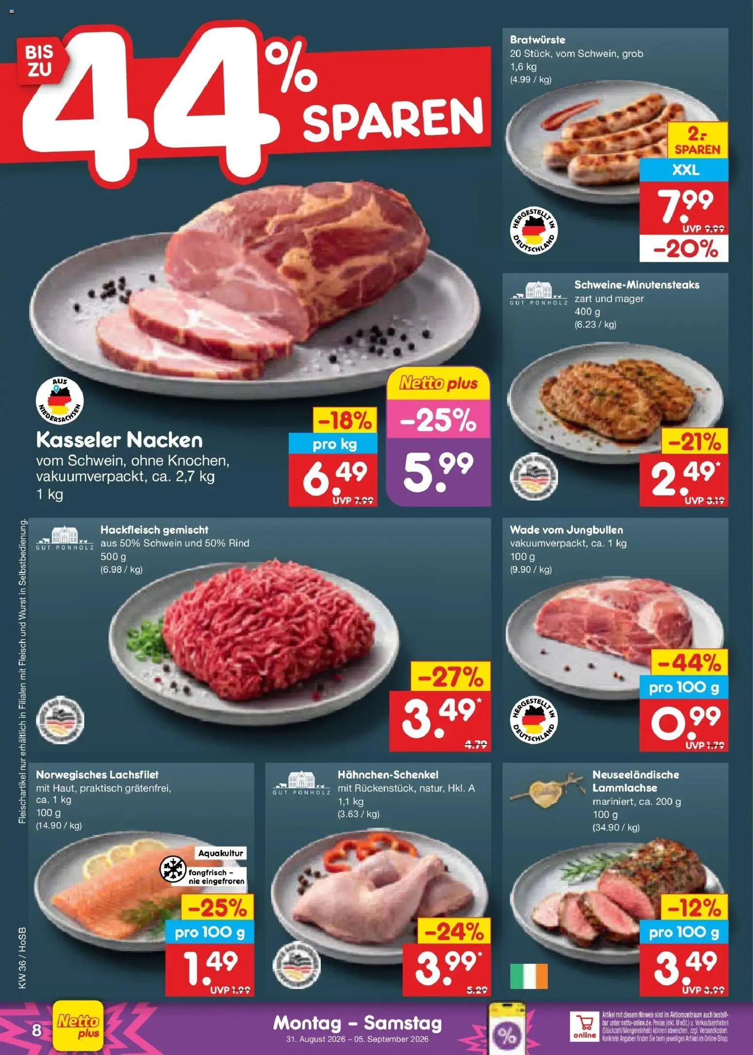 Netto Marken-Discount Prospekt Hannover (ab 31.08.2026) » Angebote | Seite: 10 | Produkte: Hahnchenschenkel, Wurst, Fleisch, Hackfleisch