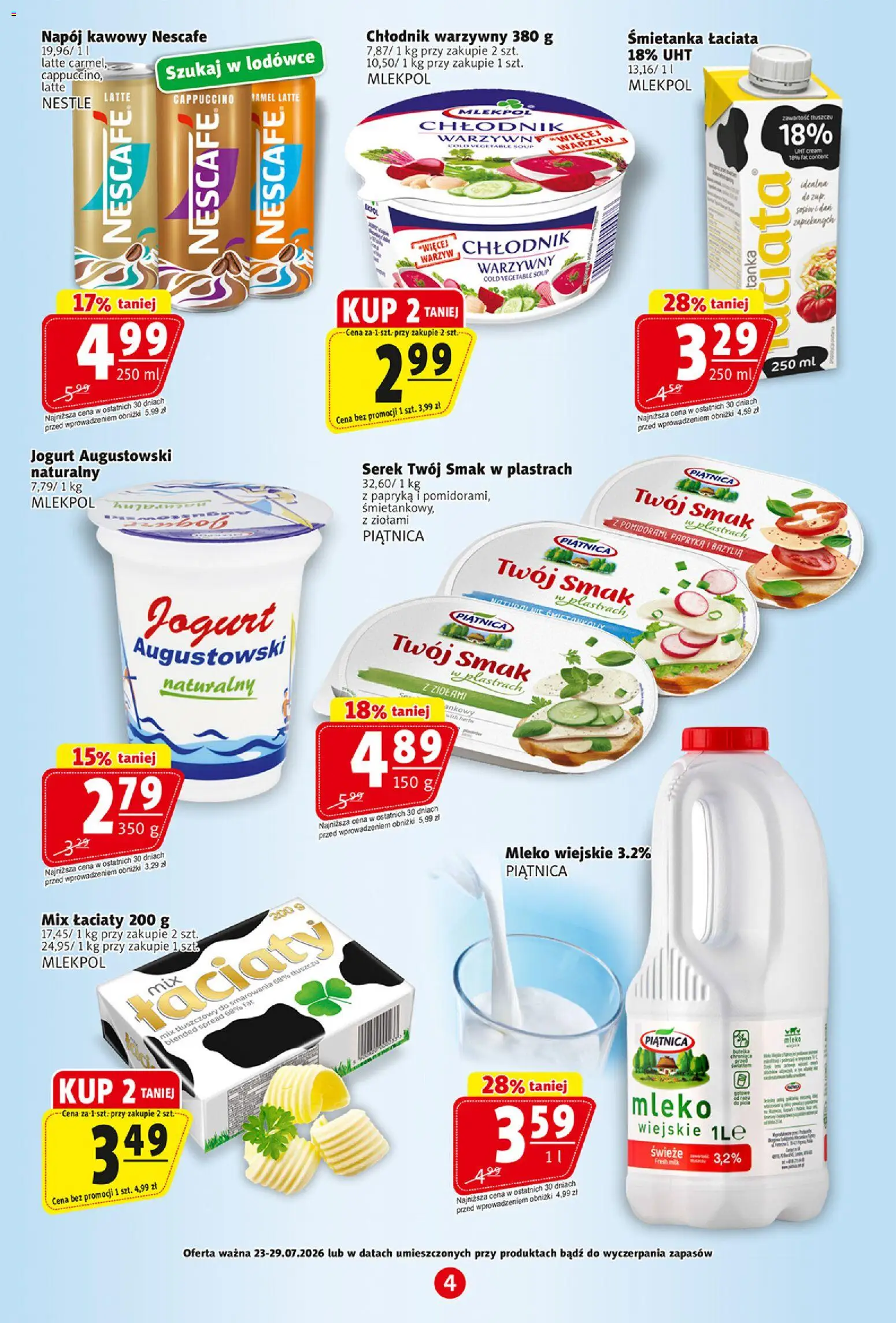 Prim Market gazetka od 23.07.2026 | Strona: 4 | Produkty: Serek Twój Smak, Nescafe, Cappuccino, Mleko