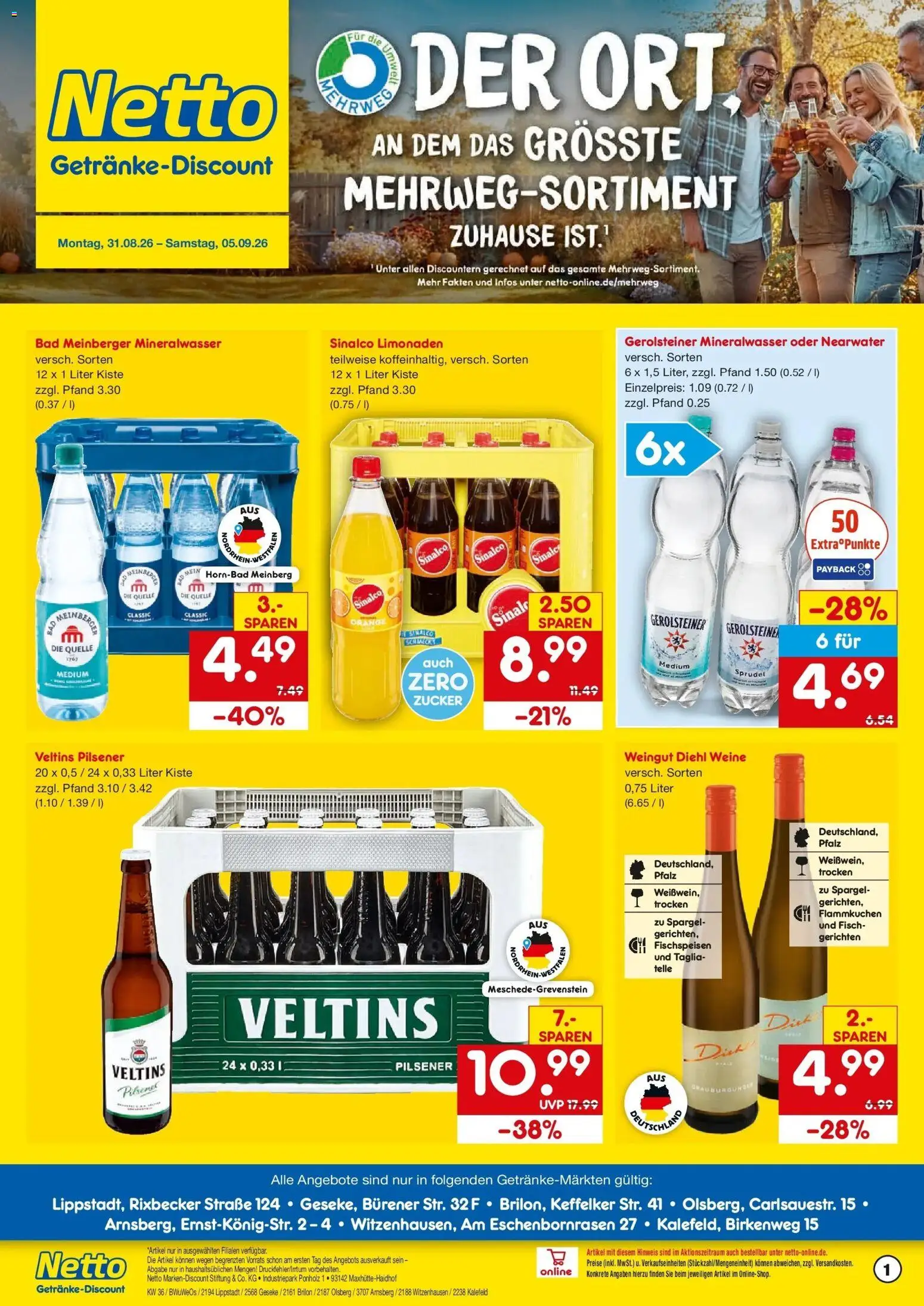 Netto Marken-Discount Prospekt Olsberg – gültig ab 31.08.2026 | Seite: 1 | Produkte: Sinalco, Bad, Zucker, Veltins