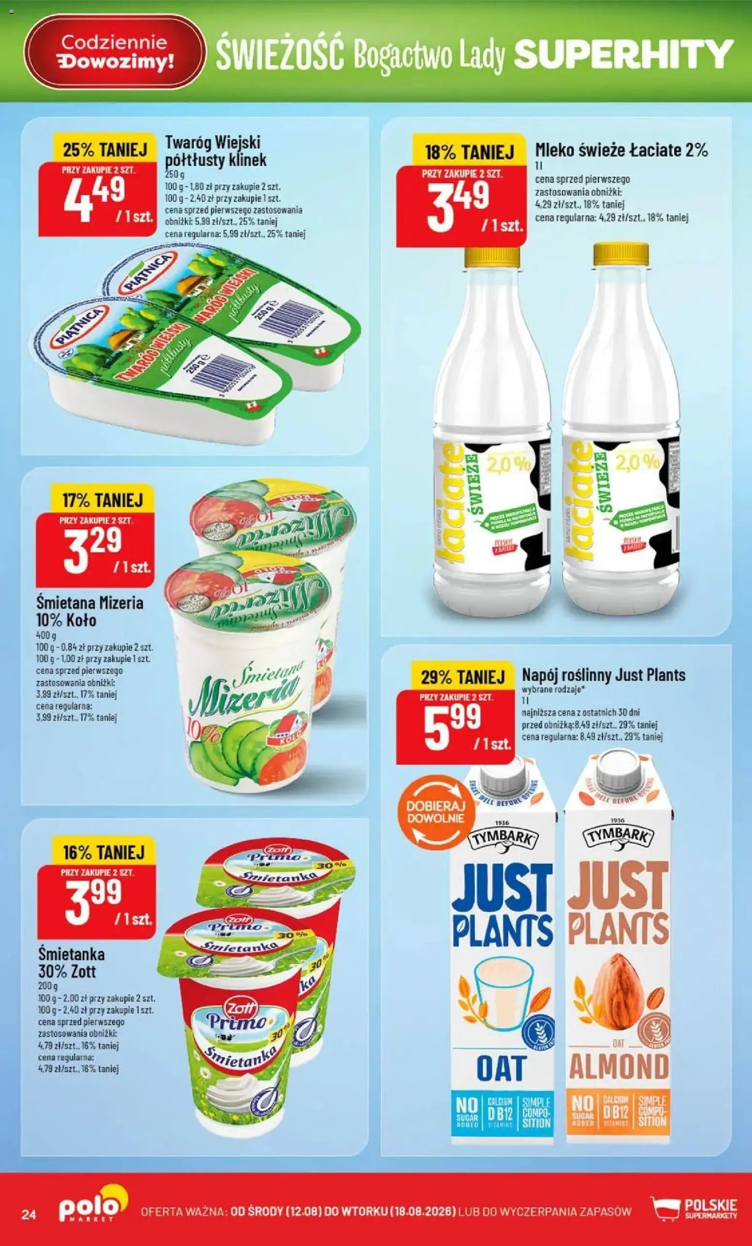Nowa POLOmarket gazetka od jutra 12.08.2026 | Strona: 24 | Produkty: Tymbark, Napój roślinny, Śmietana, Twaróg