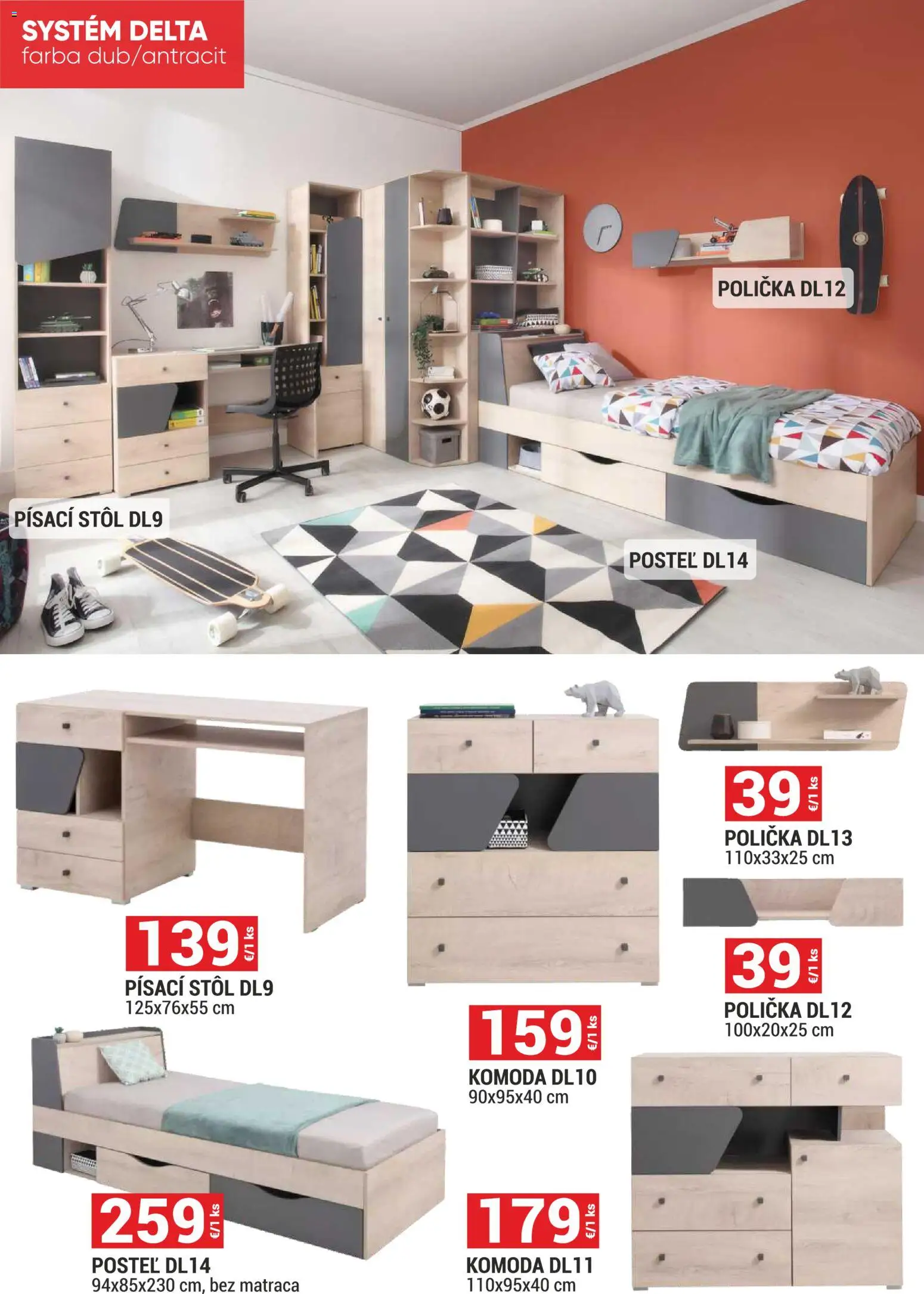 Nové Merkury Market akcie – leták je platný od 01.07.2026 | Strana: 17 | Produkty: Posteľ, Stôl, Písací stôl, Komoda