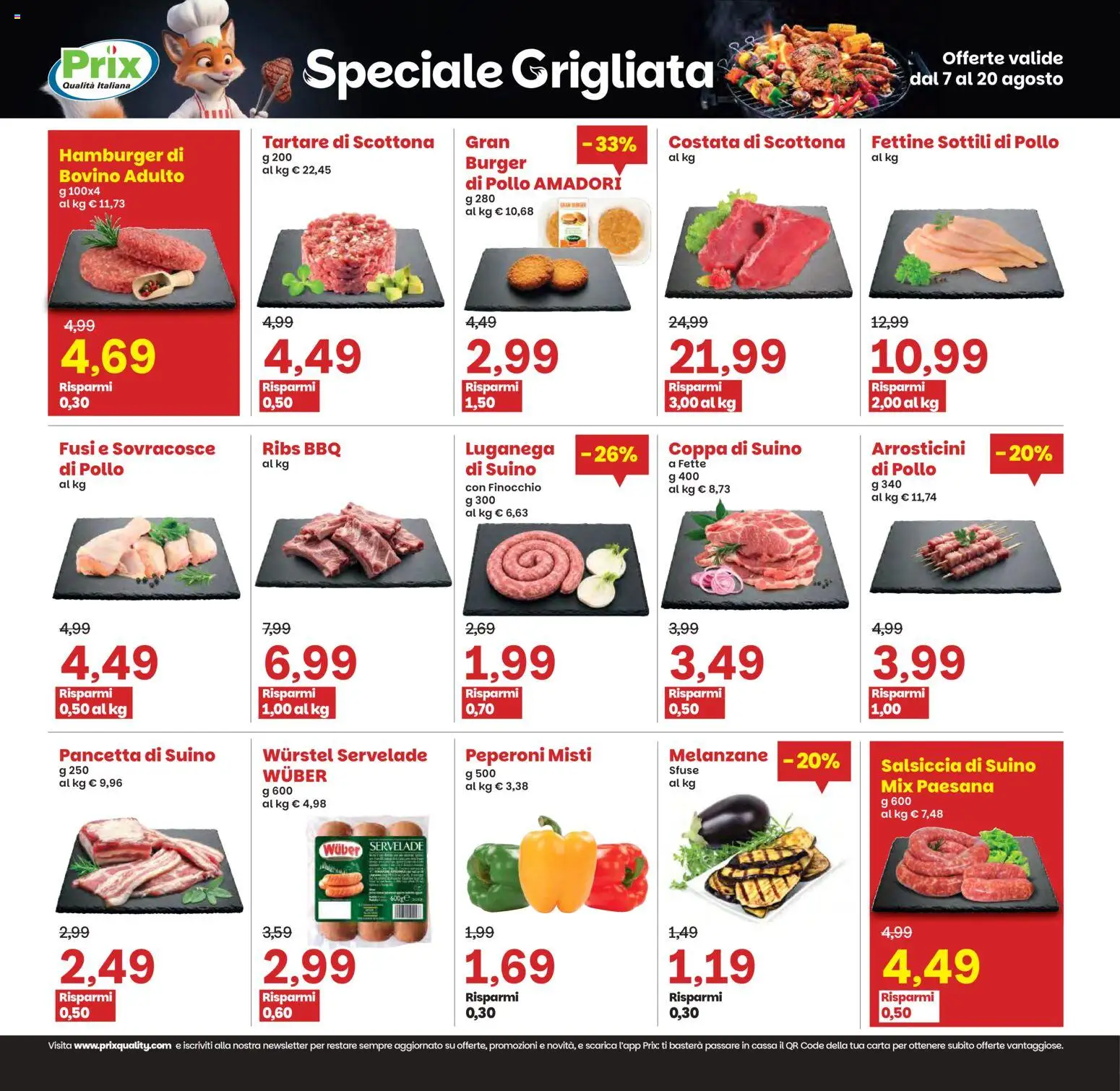 Volantino Prix del 07/08/2026 | Pagina: 10 | Prodotti: Suino, Wurstel, Hamburger, Arrosticini