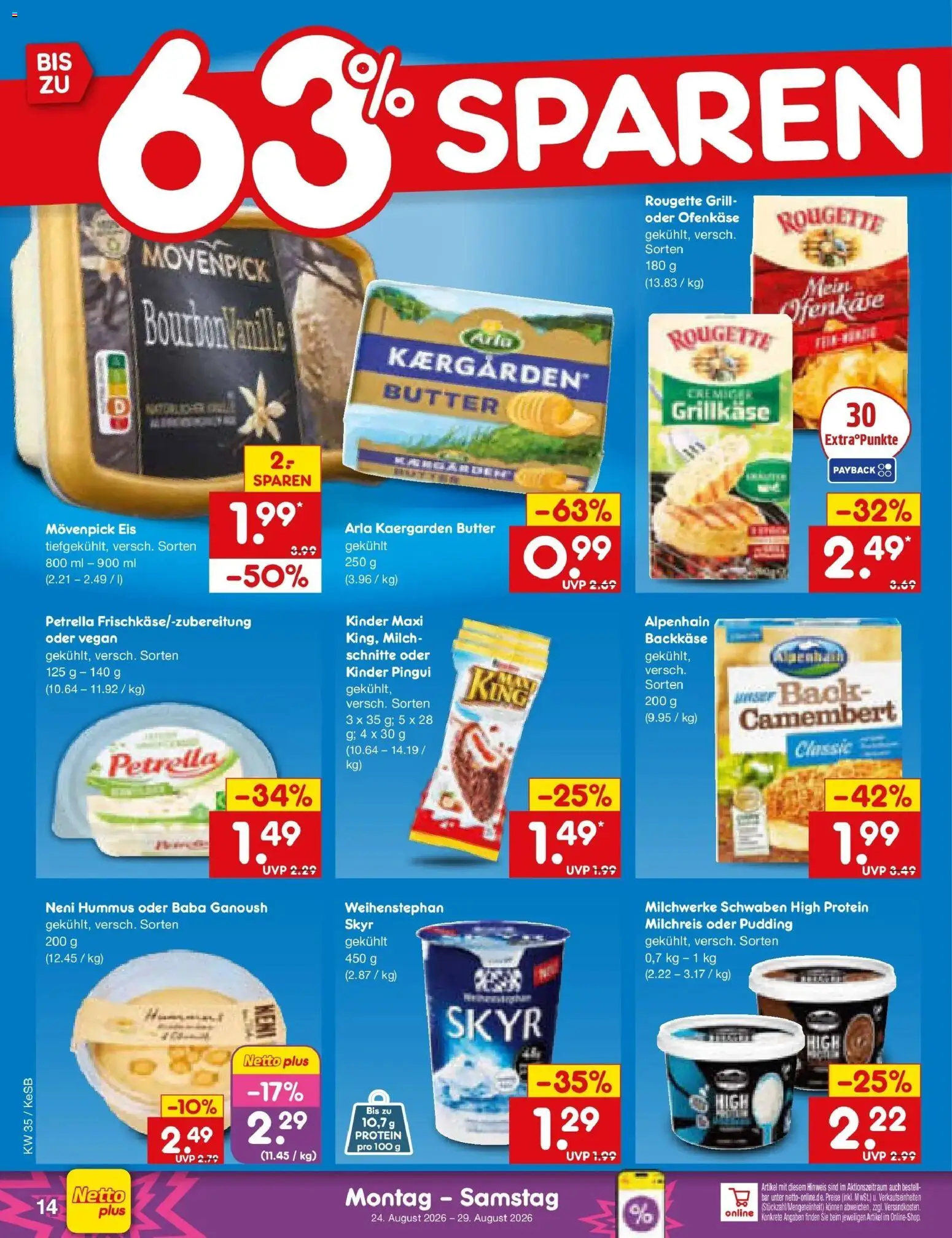 Netto Marken-Discount Prospekt Koblenz (ab 24.08.2026) » Angebote | Seite: 22 | Produkte: Milch, Butter, Movenpick eis, Hummus