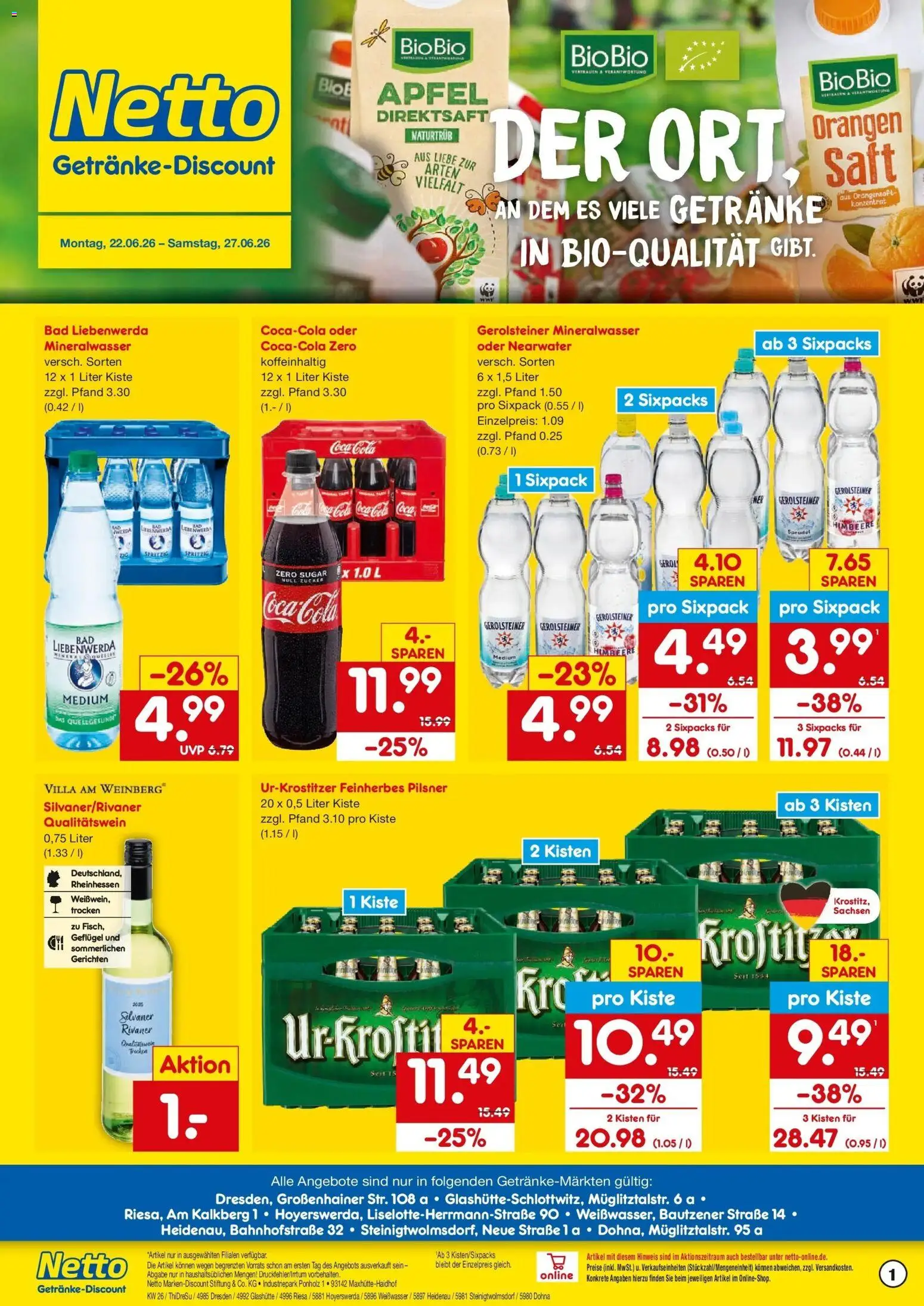 Netto Marken-Discount Prospekt Weißwasser – gültig ab 22.06.2026 | Seite: 1 | Produkte: Coca cola, Äpfel, Orangen, Gerolsteiner