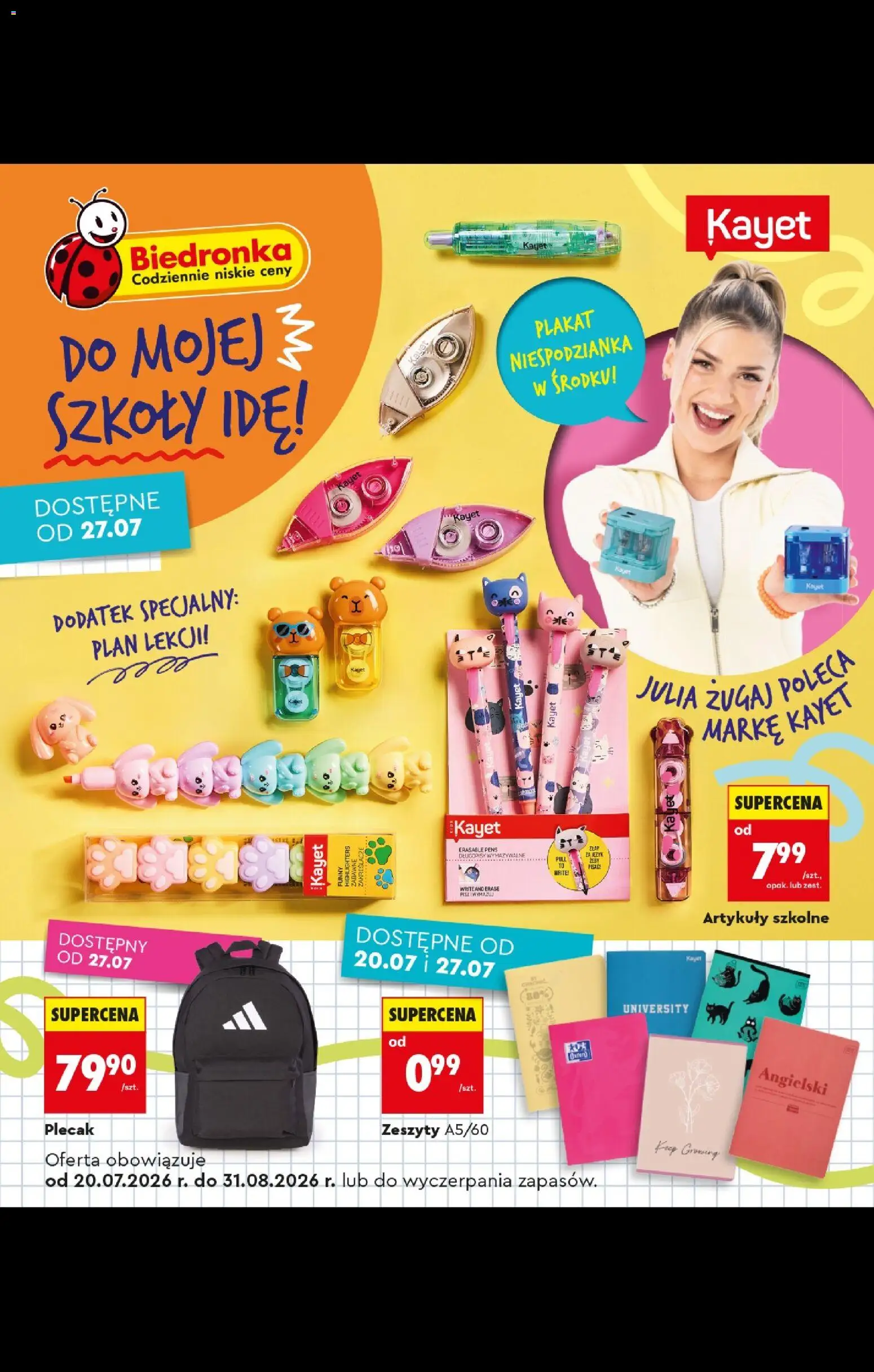 Biedronka gazetka - Do mojej szkoły idę od 20.07.2026 | Strona: 1 | Produkty: Plecak, Zeszyty, Artykuły szkolne