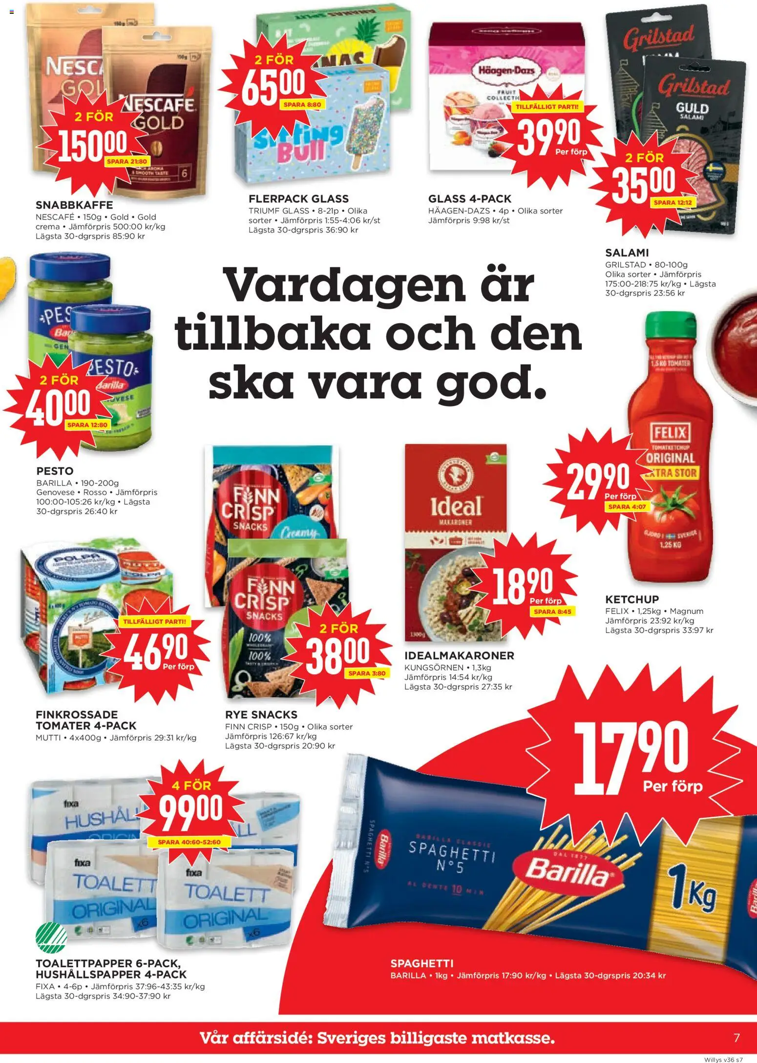 Willys reklamblad aktuell från 31/08/2026 | Sida: 7 | Produkter: Makaroner, Salami, Glass, Pesto