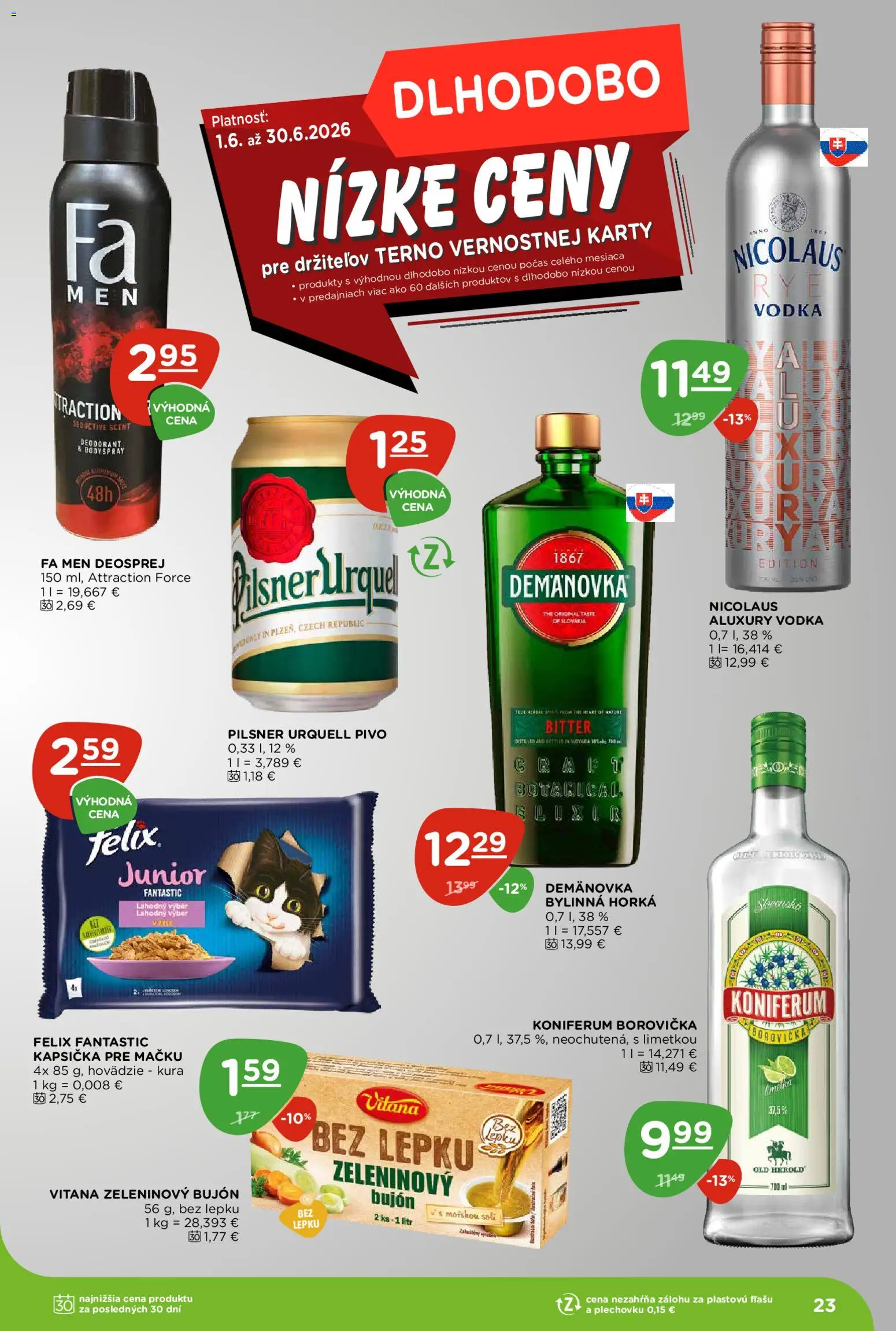 Nové Terno akcie – leták je platný od 11.06.2026 | Strana: 23 | Produkty: Pilsner Urquell, Bujón, Borovička, Vodka