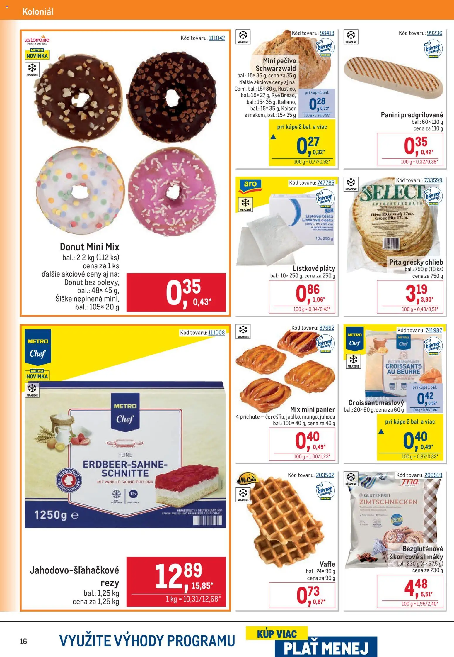 Nové Metro akcie – leták je platný od 07.10.2026 | Strana: 16 | Produkty: Donut, Croissant, Lístkové cesto, Pečivo