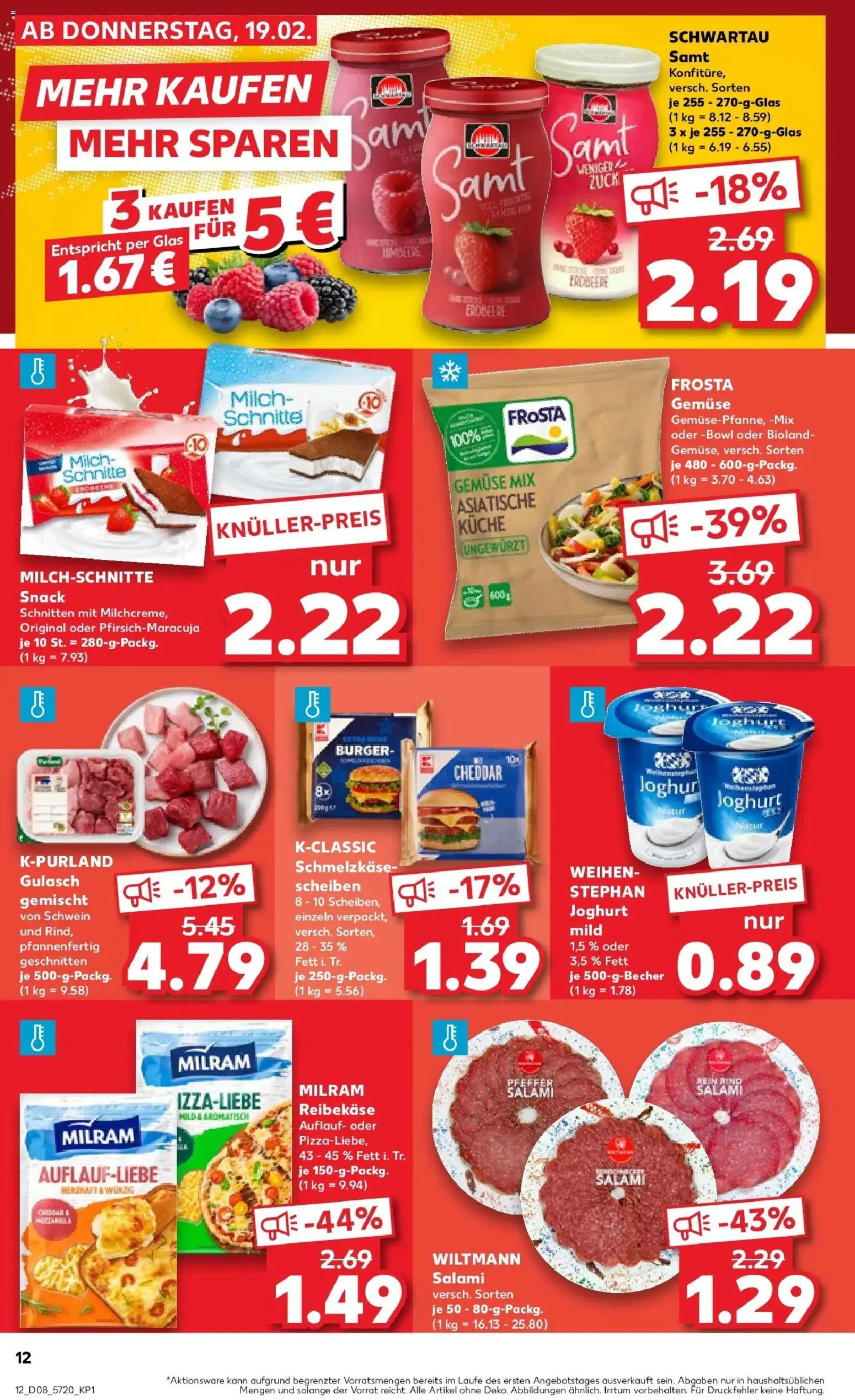 Kaufland prospekt Dresden	 – gültig ab 22.02.2026 | Seite: 12 | Produkte: Schwartau samt, Burger, Milram, Reibekase