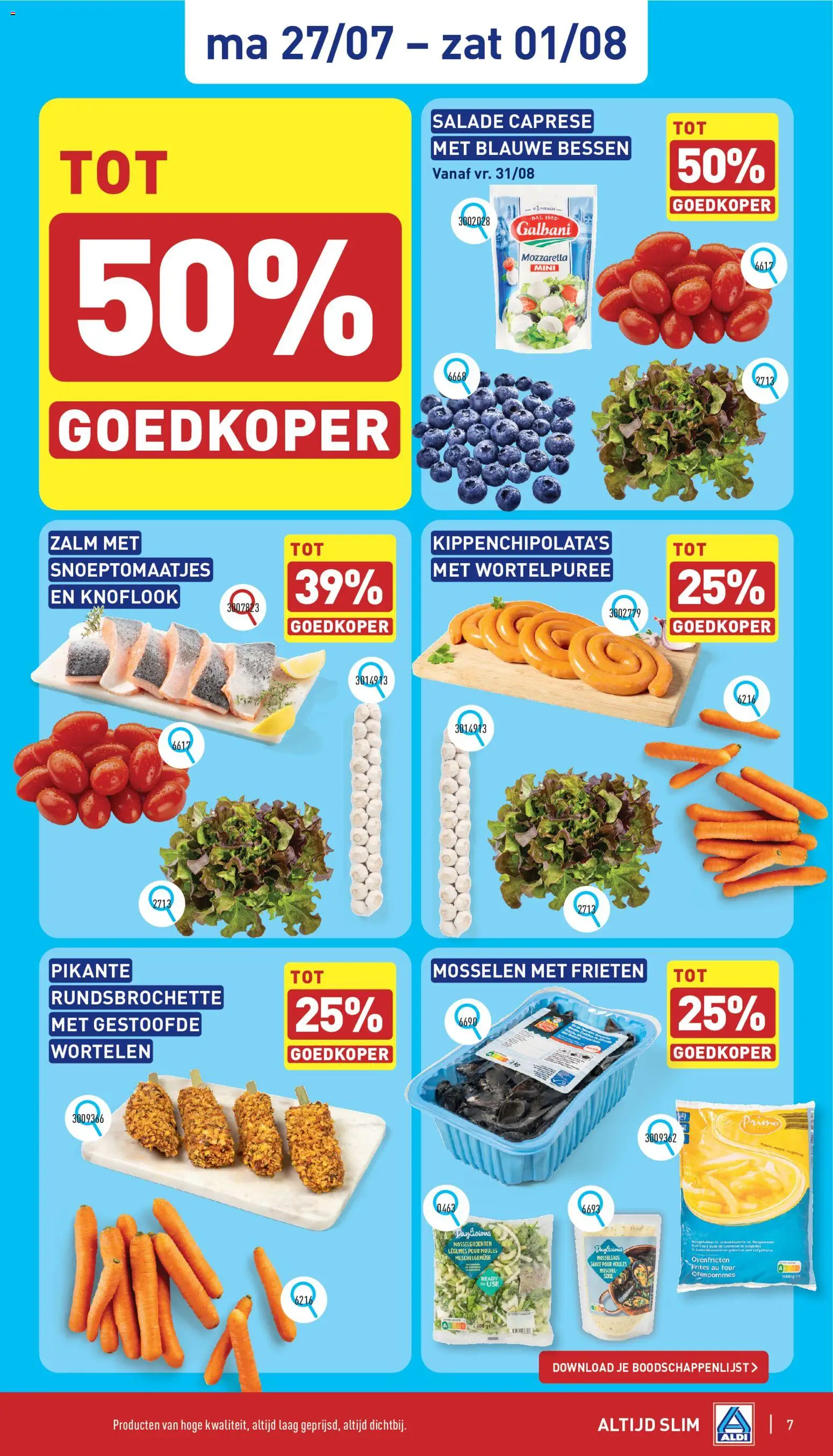 {H1} | Pagina: 7 | Producten: Zalm, Mosselen, Mozzarella, Wortelen