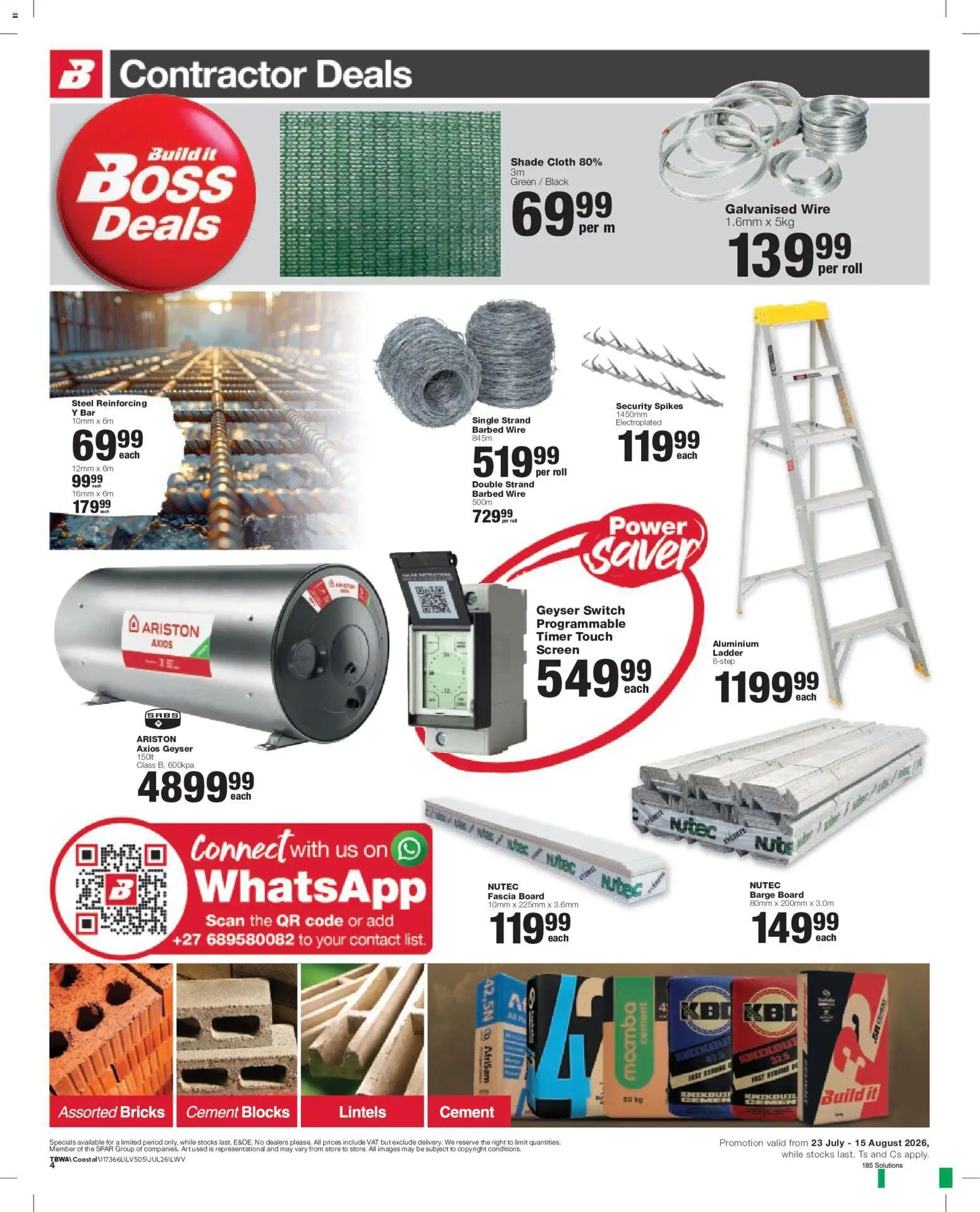 New Build It catalogue – valid from 23/07/2026 | Page: 4 | Products: Timer, Switch, Geyser, Cement