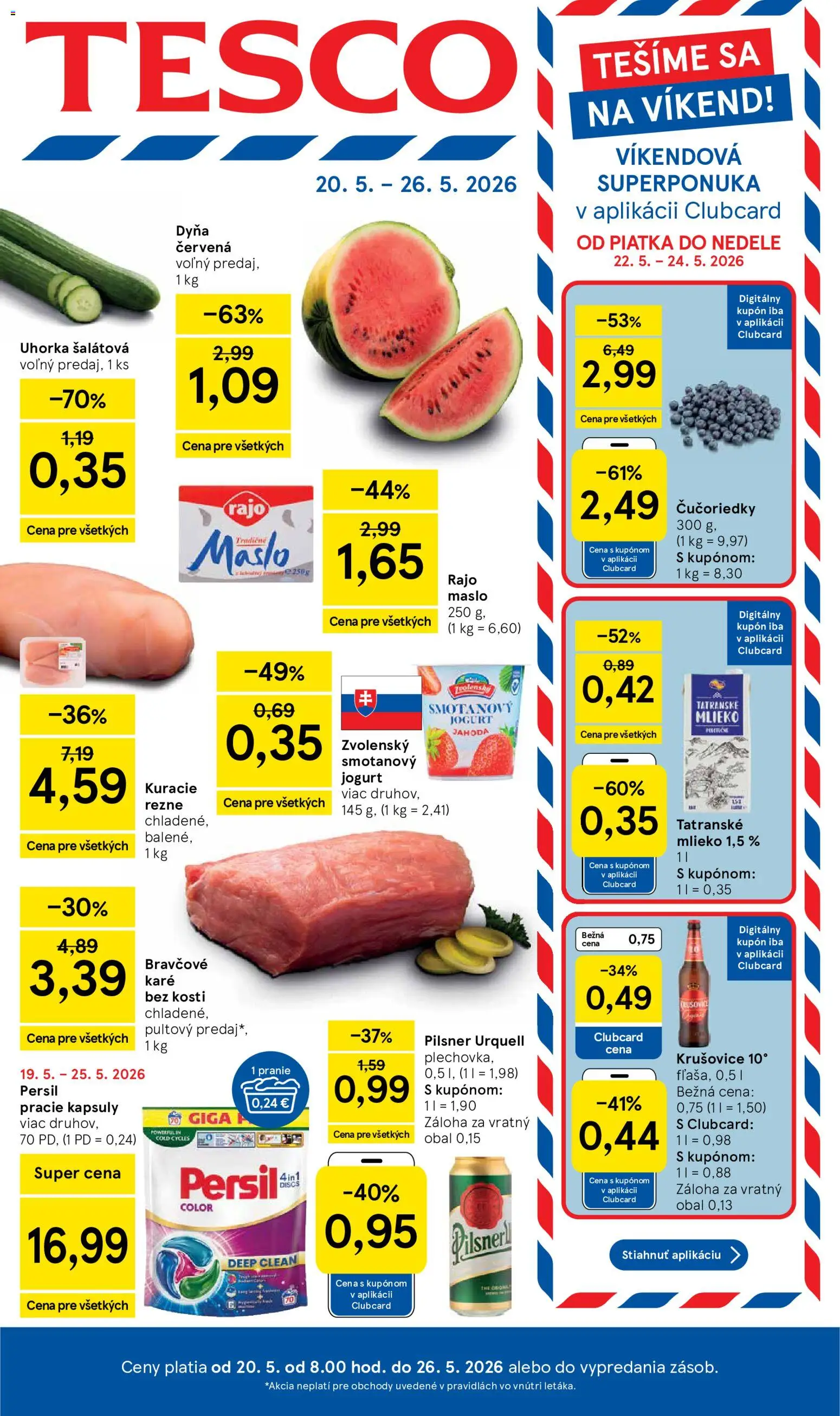 Nové Tesco akcie – leták je platný od 20.05.2026 | Strana: 1 | Produkty: Maslo, Mlieko, Pilsner Urquell, Persil