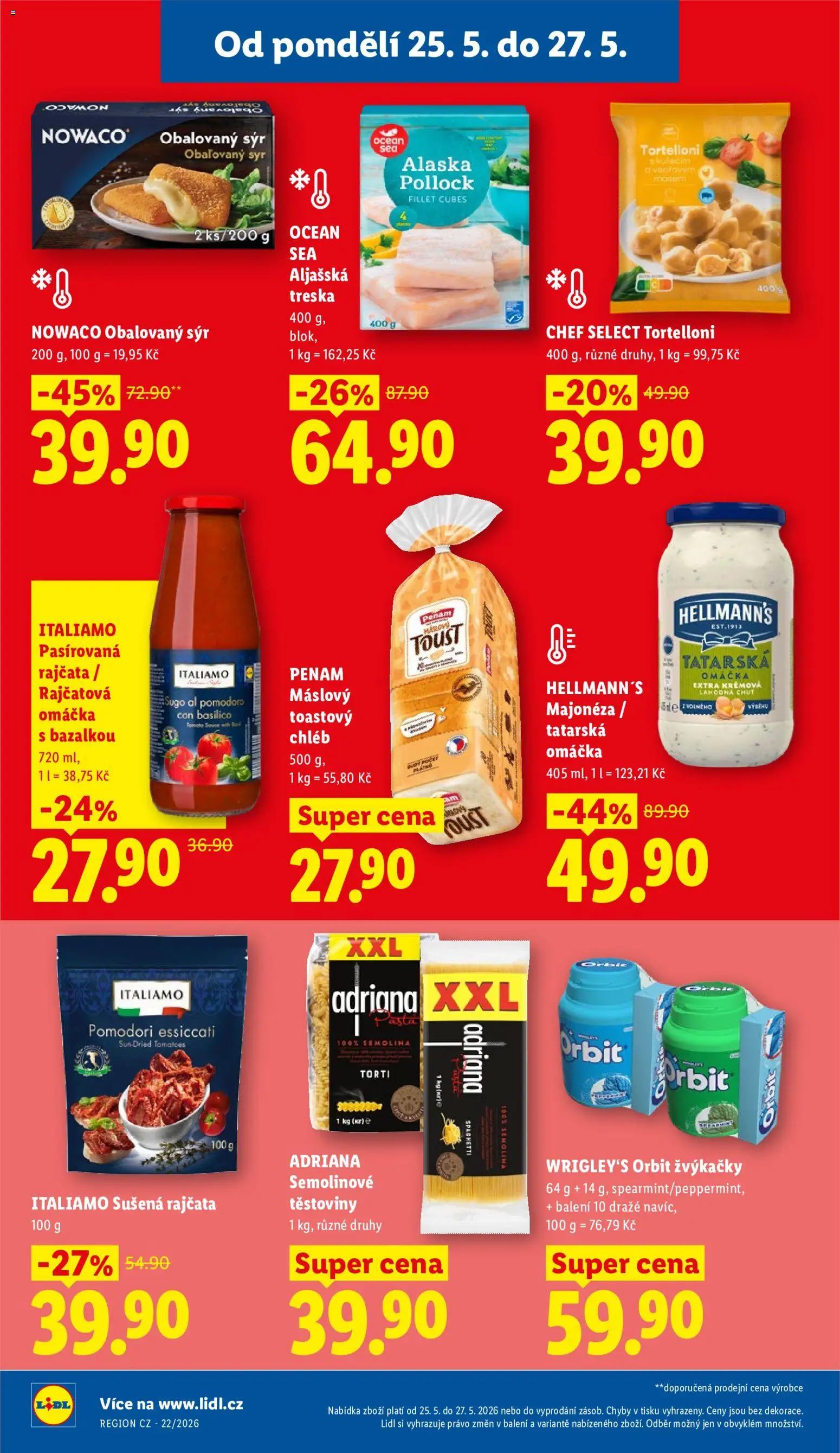 Lidl leták od 25.05.2026 | Strana: 26 | Produkty: Tatarská omáčka Hellmann's, Pasírovaná rajčata, Rajčata, Těstoviny Adriana
