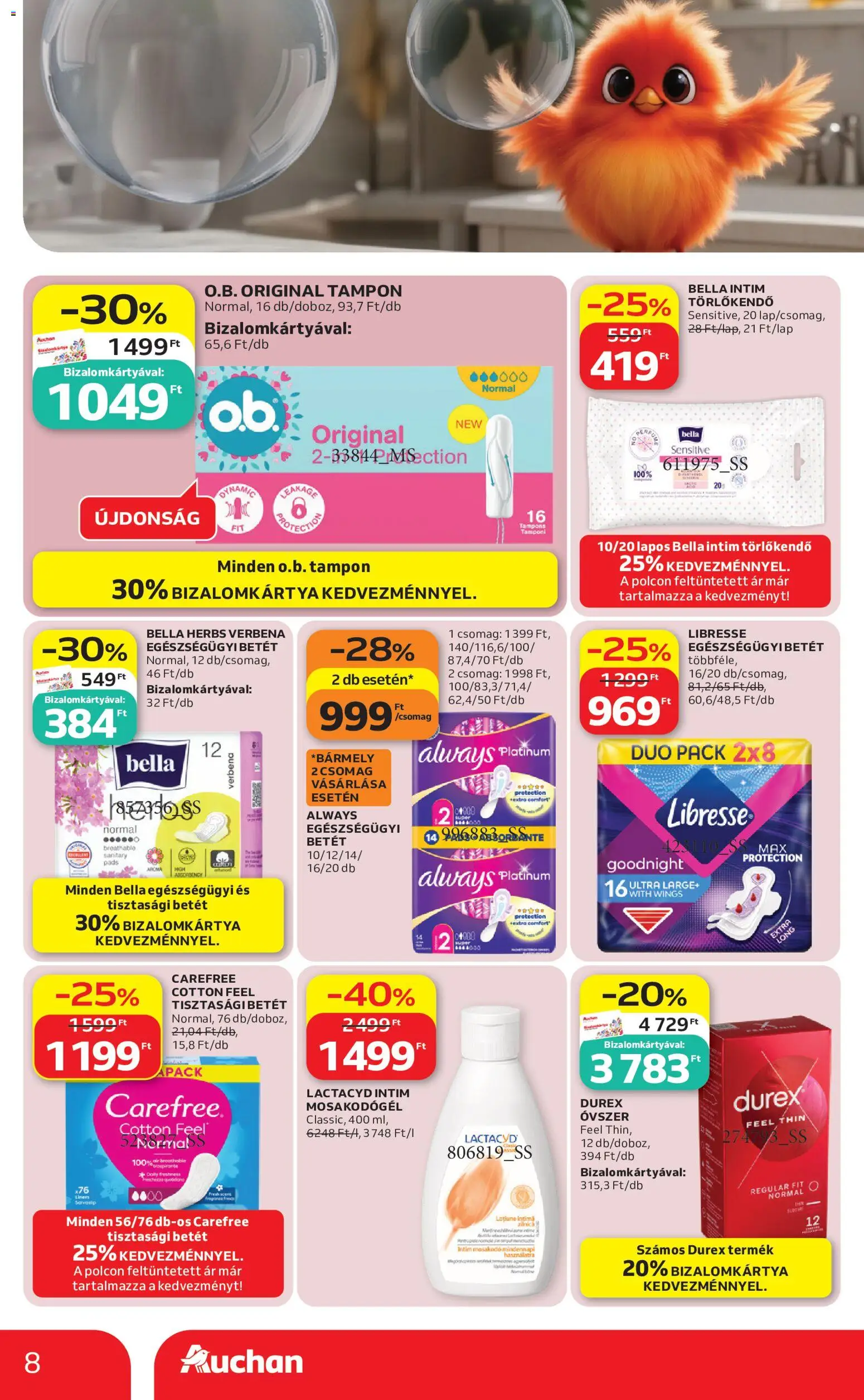Auchan akciós ujság - amely érvényes a következő dátumtól: 04.05.2026 | Oldal: 8 | Termékek: Törlőkendő, Tisztasági betét, Óvszer