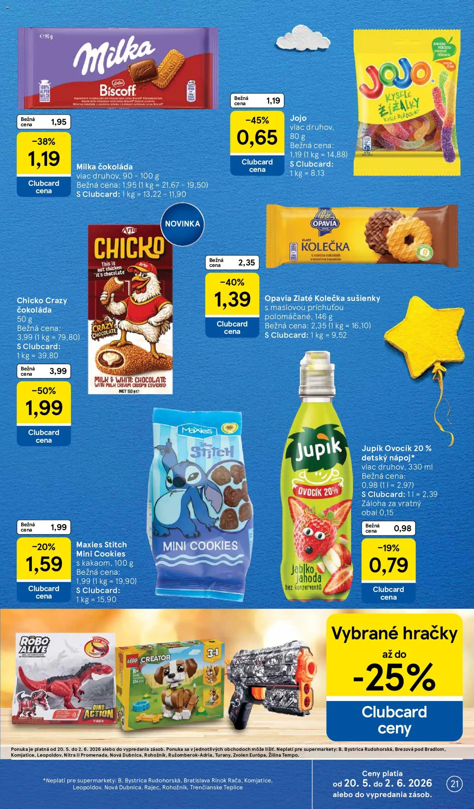 Nové Tesco akcie – leták je platný od 20.05.2026 | Strana: 21 | Produkty: LEGO, Čokoláda, Milka, Hračky