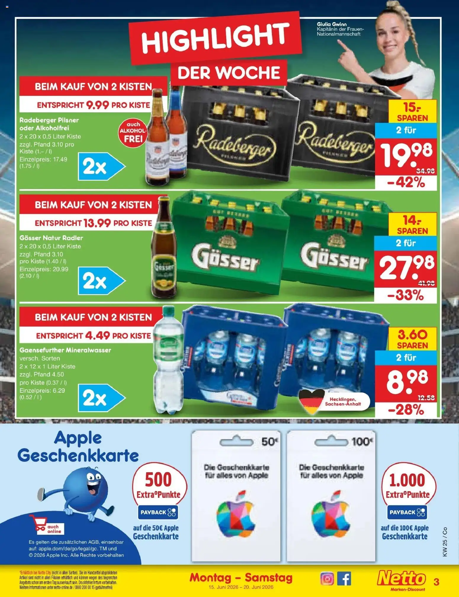 Netto Marken-Discount Prospekt Bitterfeld-Wolfen – gültig ab 14.06.2026 | Seite: 3 | Produkte: Mineralwasser, Apple, Radler, Radeberger pilsner