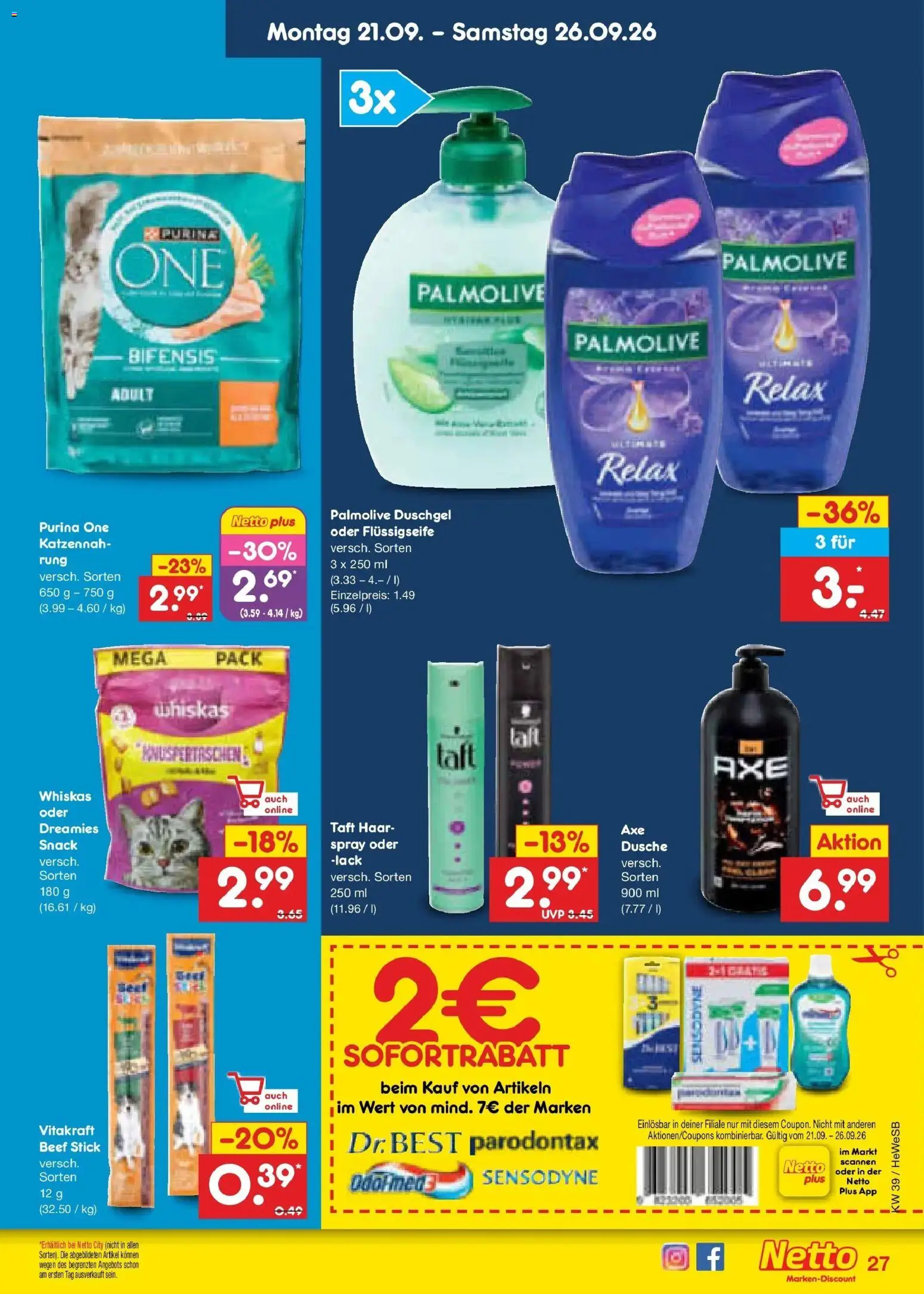 Netto Marken-Discount Prospekt Hamburg – gültig ab 21.09.2026 | Seite: 39 | Produkte: Purina one, Dusche, Duschgel, Whiskas