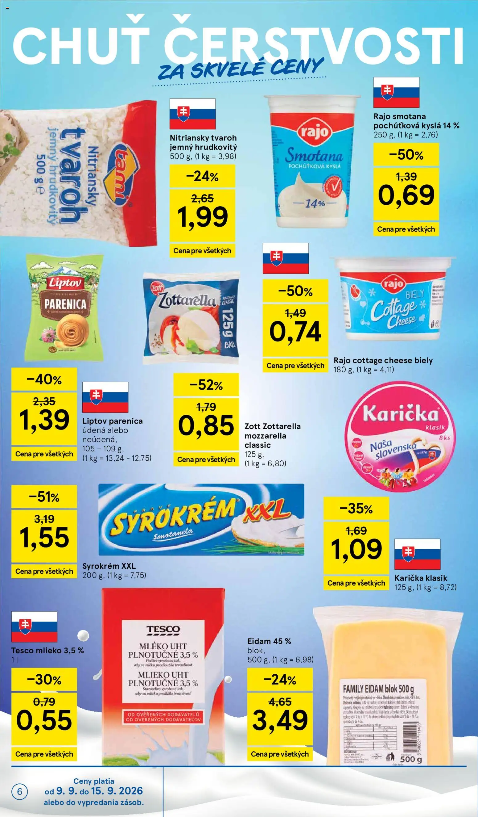 Nové Tesco akcie – leták je platný od 09.09.2026 | Strana: 6 | Produkty: Smotana, Cottage cheese, Cream cheese, Mlieko 3,5 %