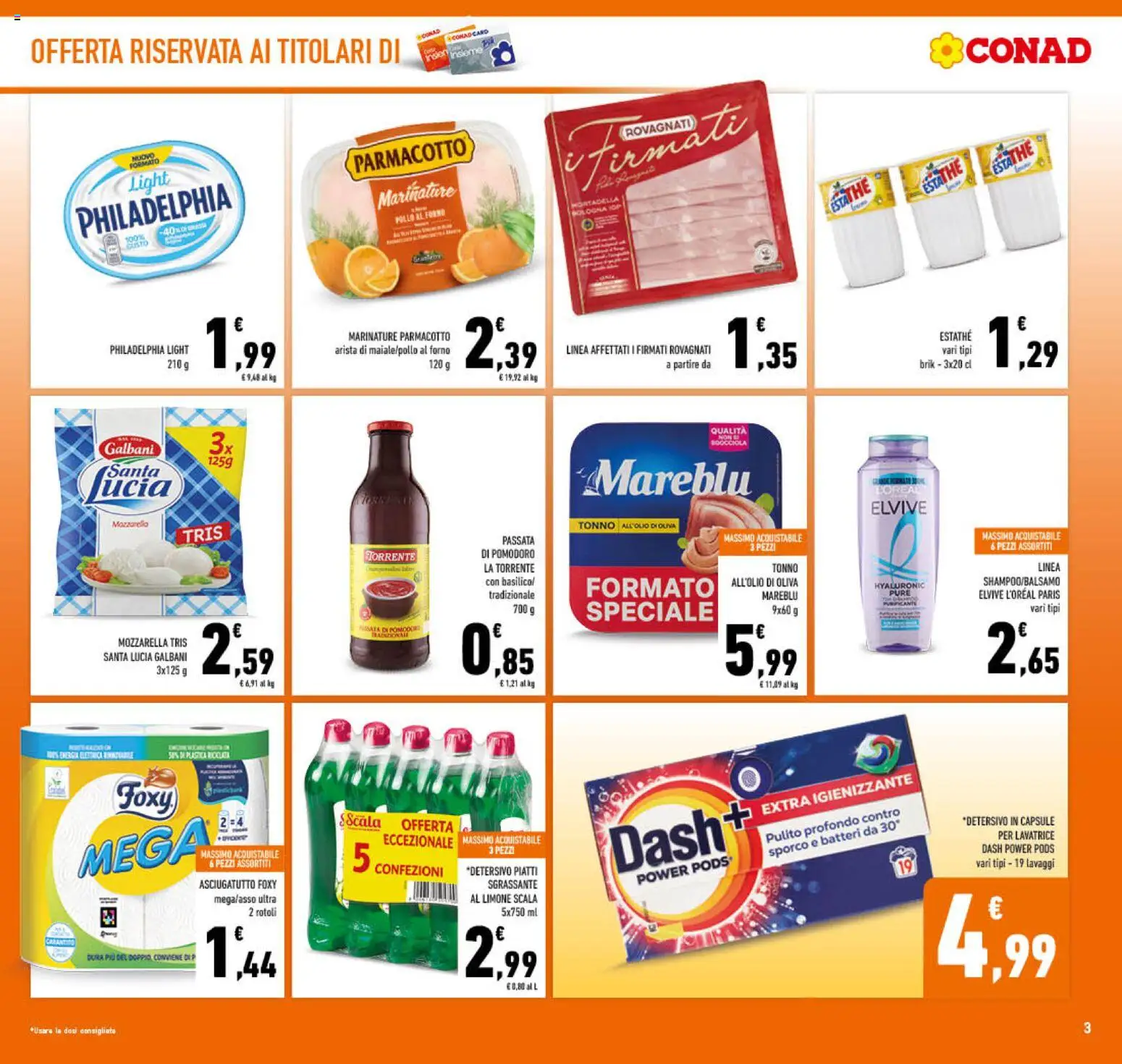 Volantino Conad del 29/07/2026 | Pagina: 3 | Prodotti: Formaggio, Passata di pomodoro, Tonno, Mortadella