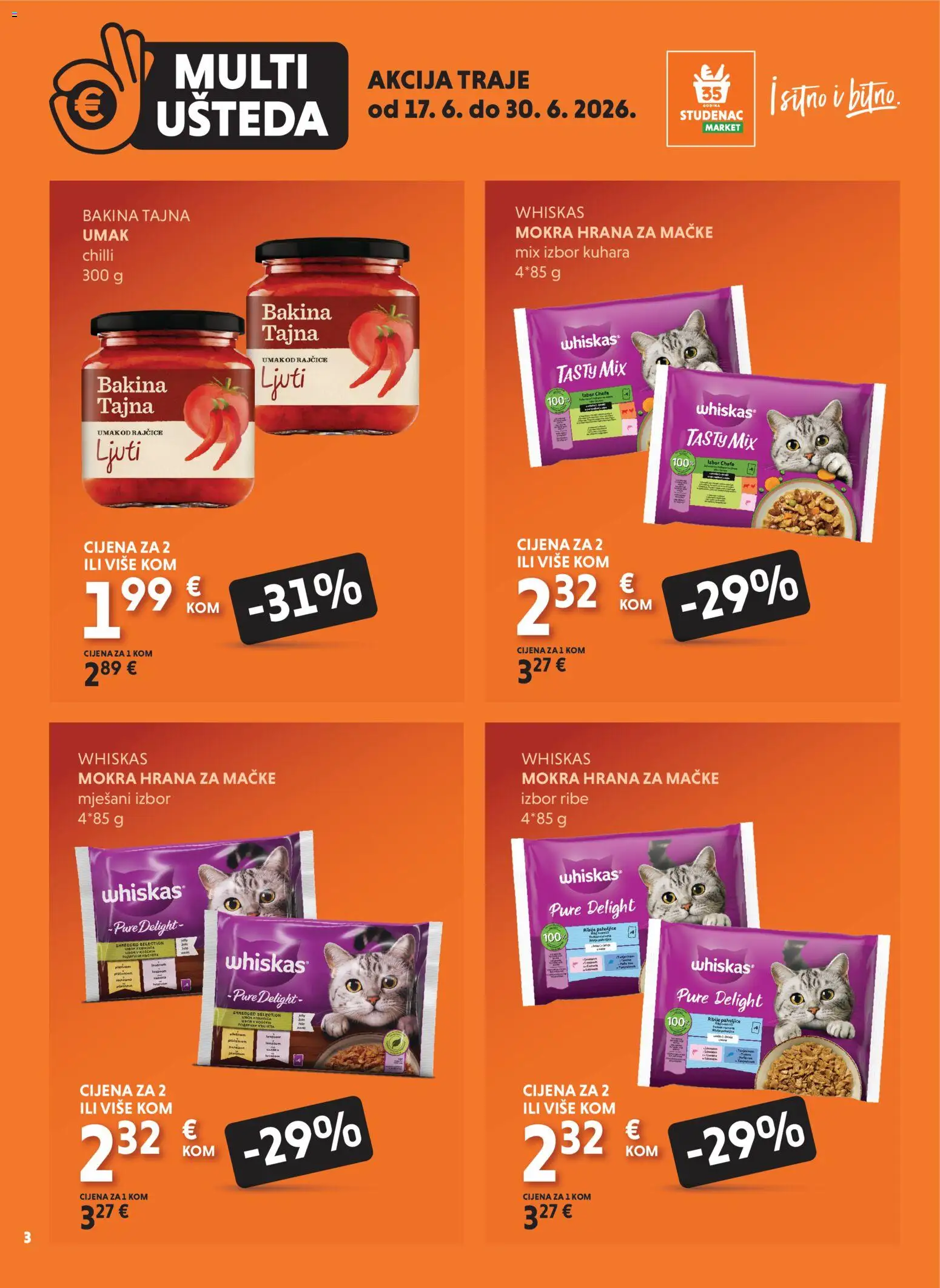 Studenac katalog | vrijedi od 17.06.2026 | Stranica: 3 | Proizvodi: Whiskas, Rajčice, Umak, Hrana za mačke
