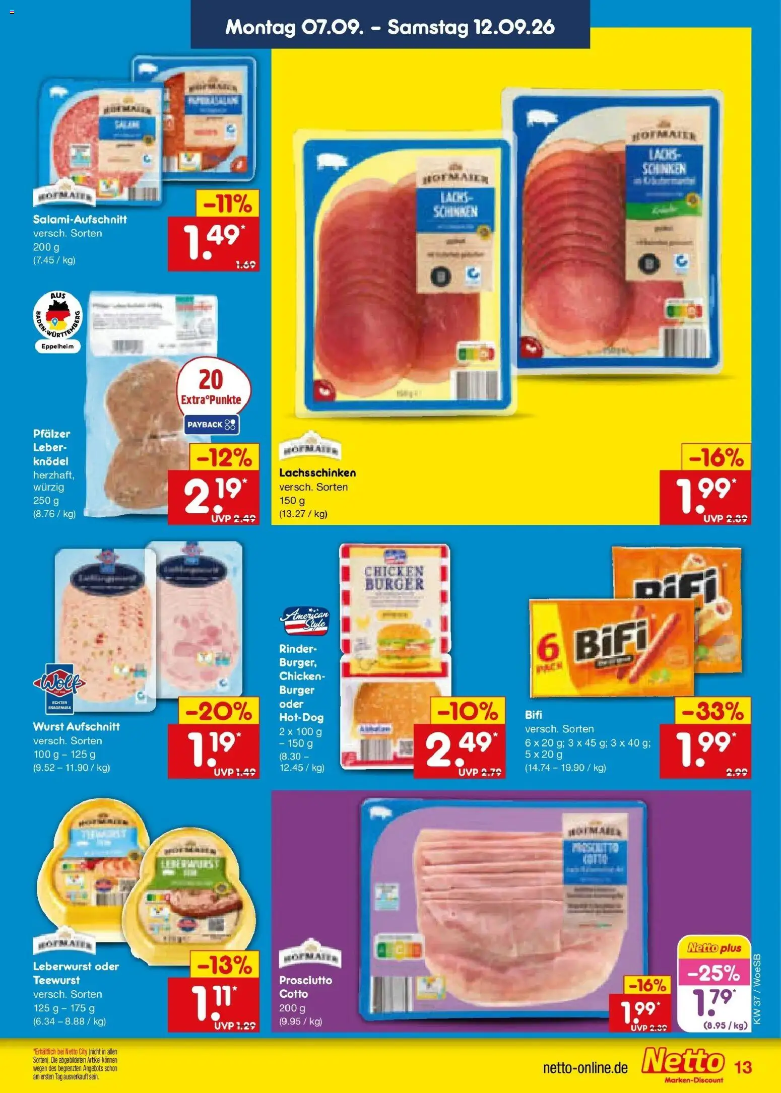 Netto Marken-Discount Prospekt Leonberg – gültig ab 07.09.2026 | Seite: 19 | Produkte: Bifi, Burger, Lachs, Wurst