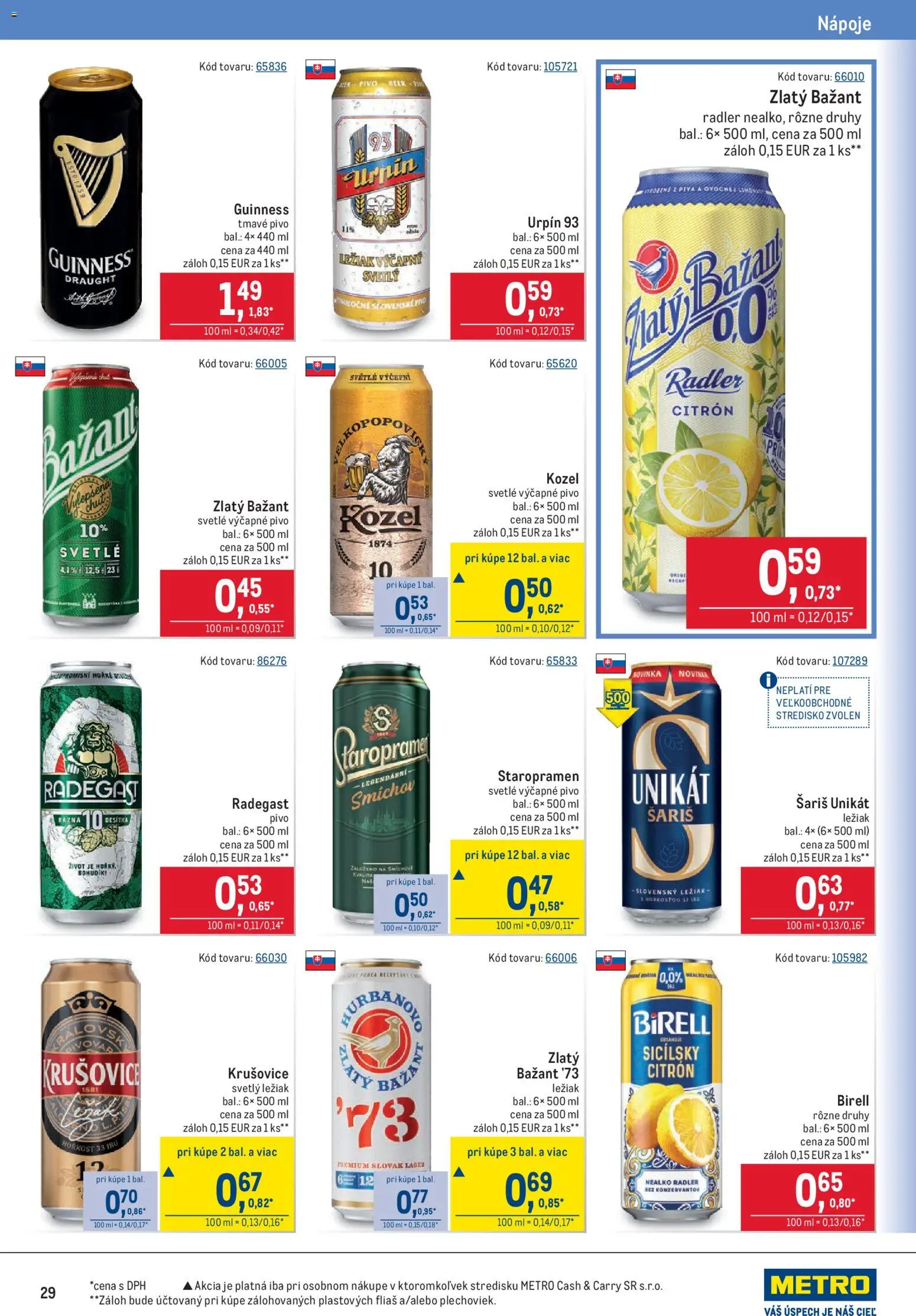 Nové Metro akcie – leták je platný od 20.05.2026 | Strana: 29 | Produkty: Radegast, Radler, Zlatý Bažant, Šariš