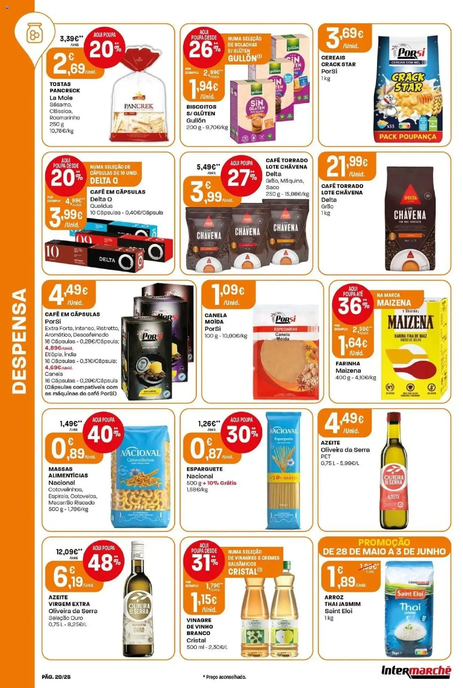 Intermarché - Isto é que são preços BAIXOS │ válido de 28.05.2026 | Página: 20 | Produtos: Vinagre, Bolachas, Macarrão, Cereais