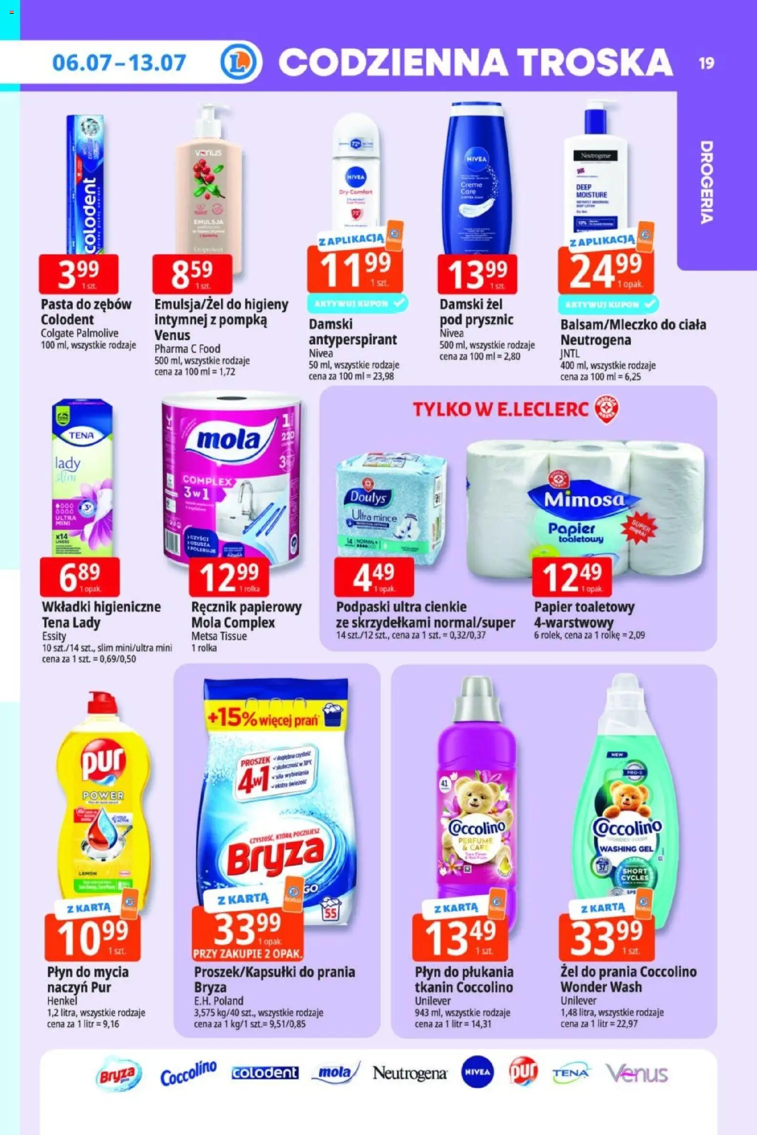 E.Leclerc gazetka od 06.07.2026 | Strona: 19 | Produkty: Coccolino, Podpaski, Antyperspirant, Ręcznik papierowy