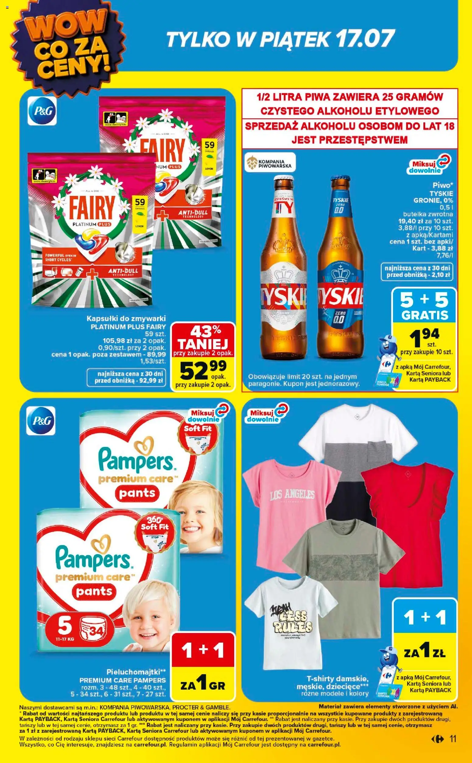 Carrefour gazetka - Wow co za ceny od 13.07.2026 | Strona: 11 | Produkty: Karta, Pieluchomajtki, Tyskie, Kapsułki do zmywarki