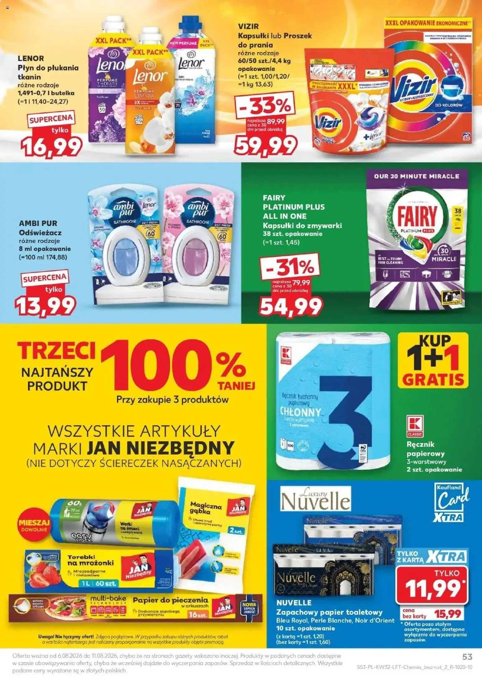 Kaufland gazetka od 06.08.2026 | Strona: 53 | Produkty: Karta, Płyn do płukania tkanin Lenor, Proszek do prania Vizir, Torebki