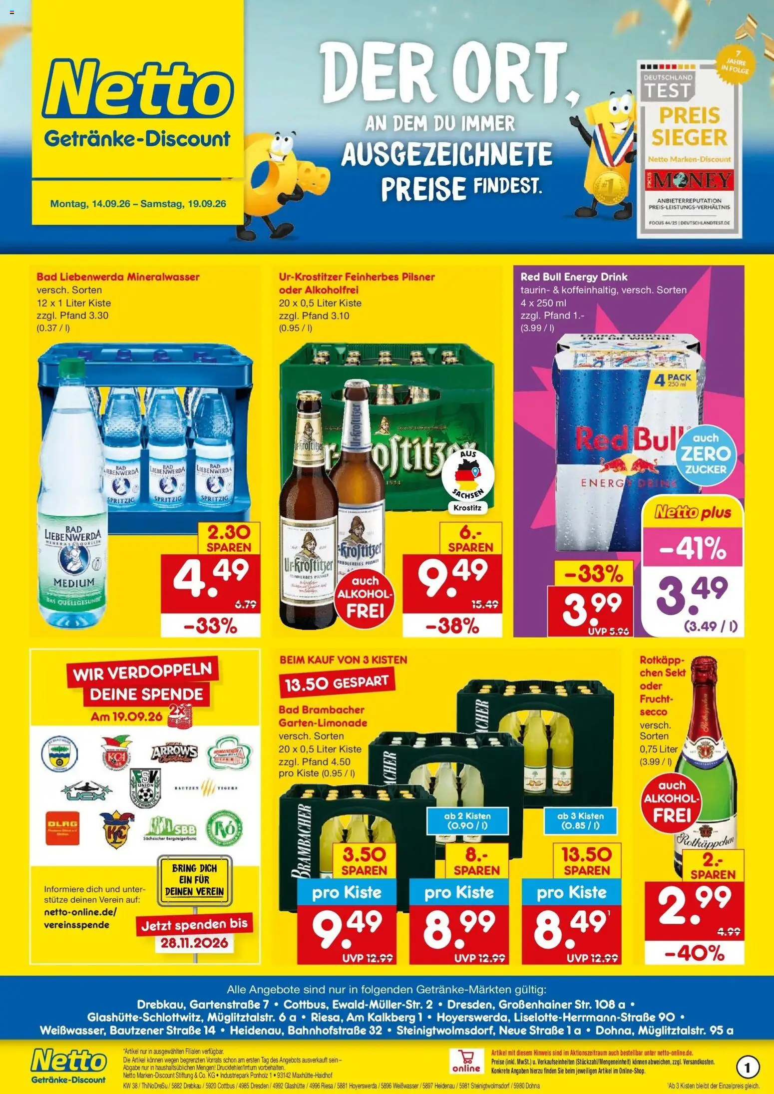 Netto Marken-Discount Prospekt Glashütte-Schlottwitz – gültig ab 14.09.2026 | Seite: 1 | Produkte: Energy, Sekt, Mineralwasser, Zucker