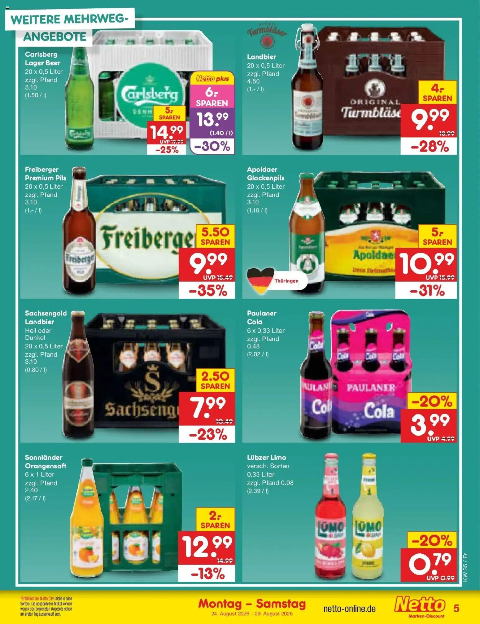 Netto Marken-Discount Prospekt Naumburg (ab 24.08.2026) » Angebote | Seite: 5 | Produkte: Carlsberg, Cola, Pils, Lubzer