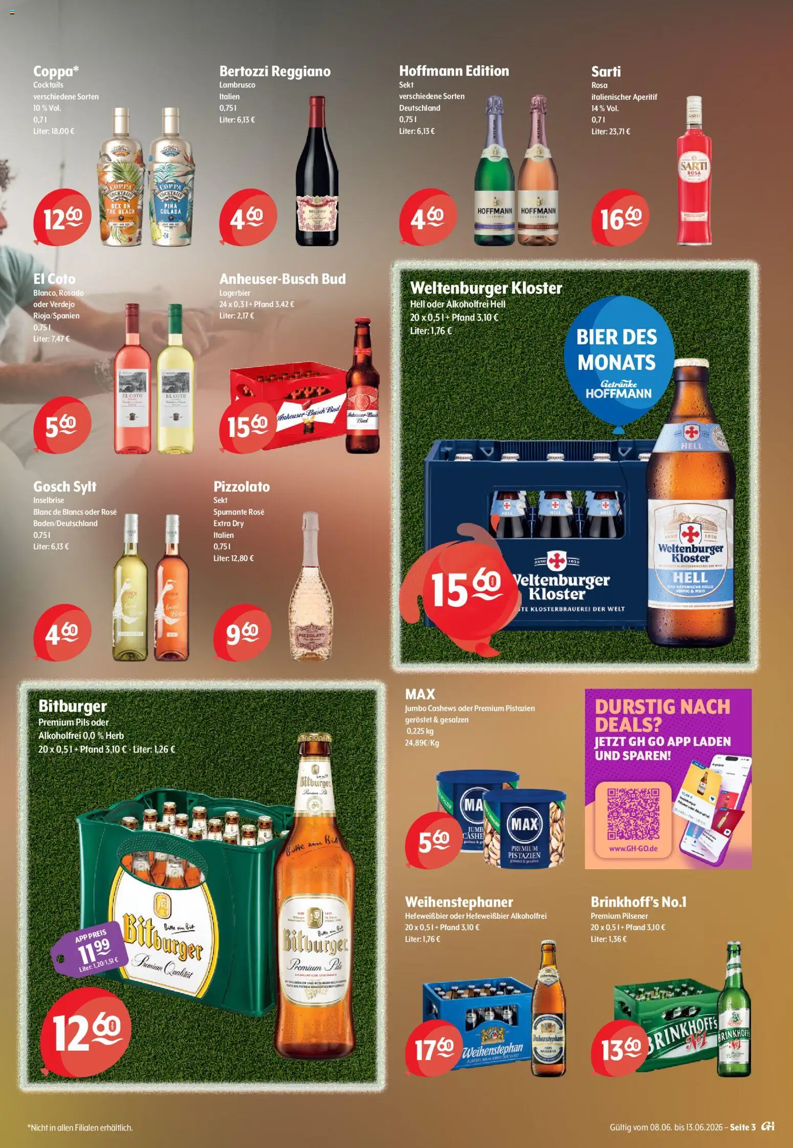 Getränke Hoffmann Brandenburg – gültig ab 08.06.2026 | Seite: 3 | Produkte: Bitburger, Bier, Sekt, Pistazien