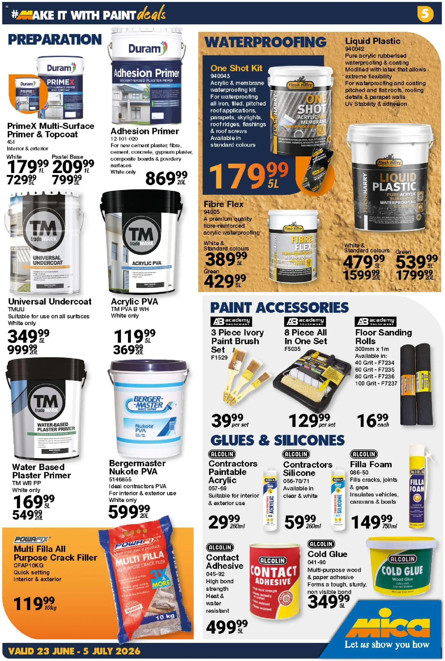 New MICA catalogue – valid from 23/06/2026 | Page: 5 | Products: Adhesive, Brush, Crack filler, Water