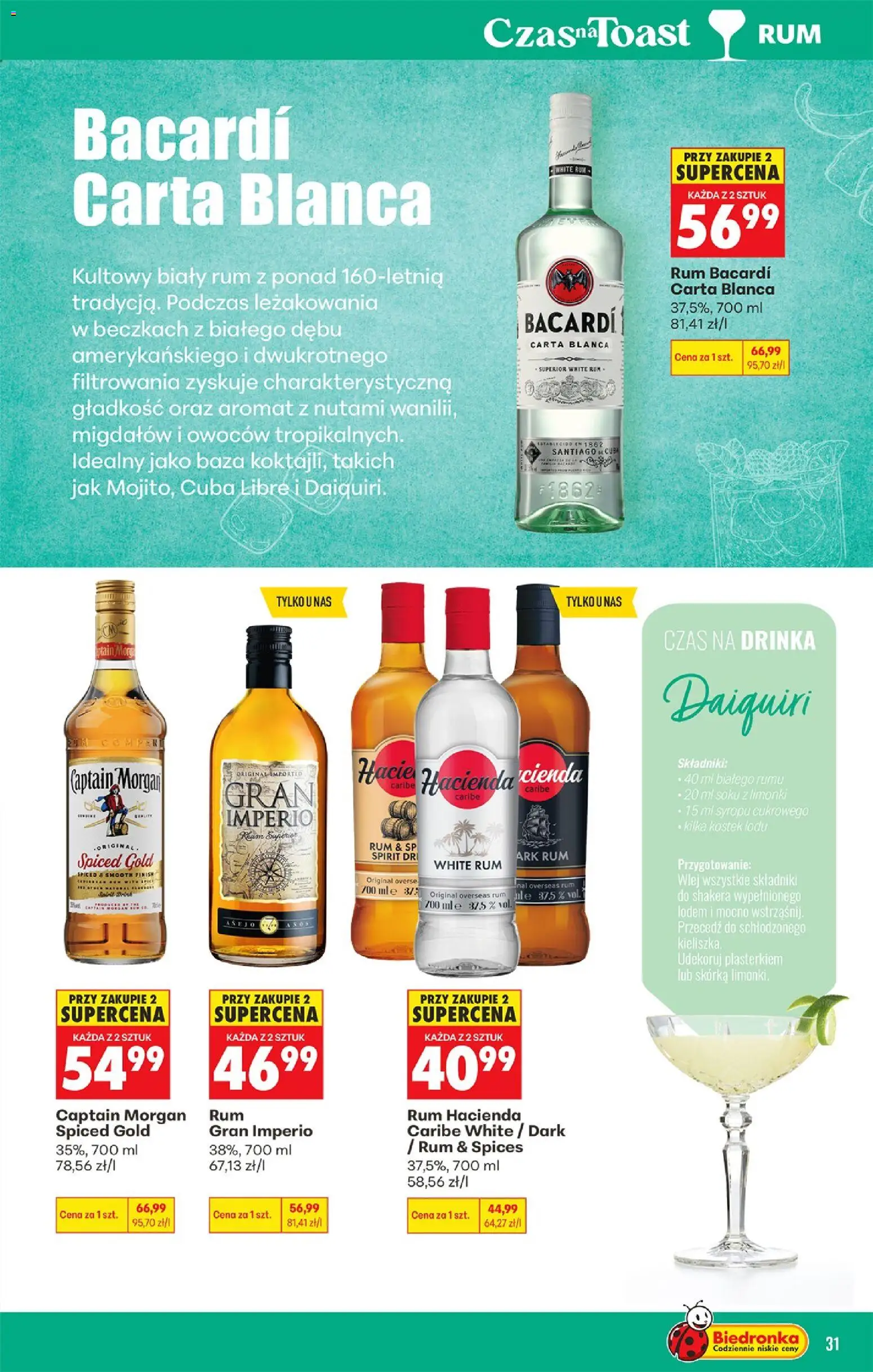 Biedronka gazetka - Czas na toast od 24.08.2026 | Strona: 33 | Produkty: Biały rum, Captain Morgan, Rum, Finish