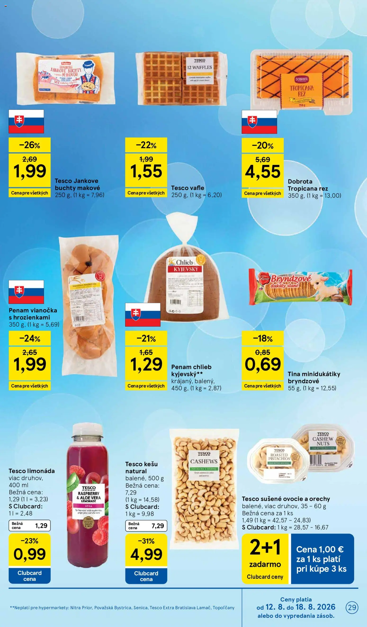 Nové Tesco akcie – leták je platný od 12.08.2026 | Strana: 29 | Produkty: Chlieb, Aloe Vera, Vafle, Ovocie