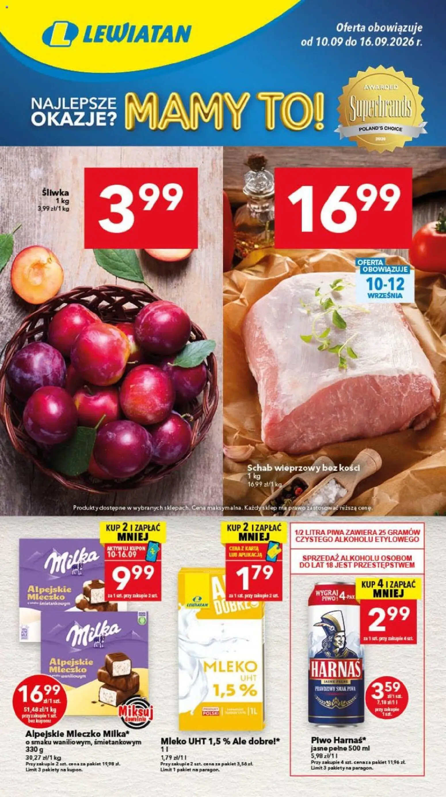 Lewiatan gazetka - Katowice od 10.09.2026 | Strona: 1 | Produkty: Karta, Schab wieprzowy, Harnaś, Mleko UHT