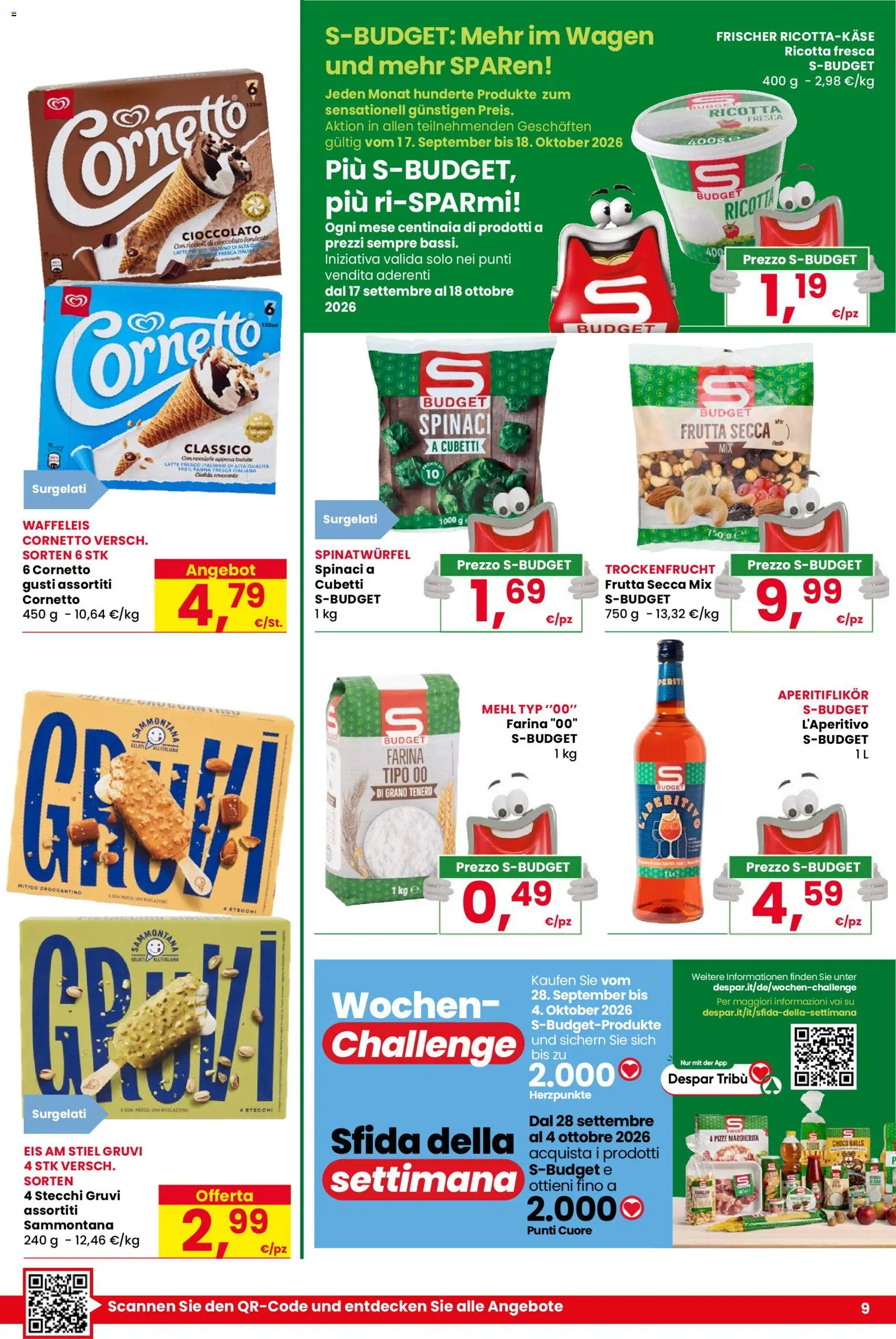 Volantino Despar del 17/09/2026 | Pagina: 9 | Prodotti: Cioccolato, Cornetto, Frutta secca, Spinaci