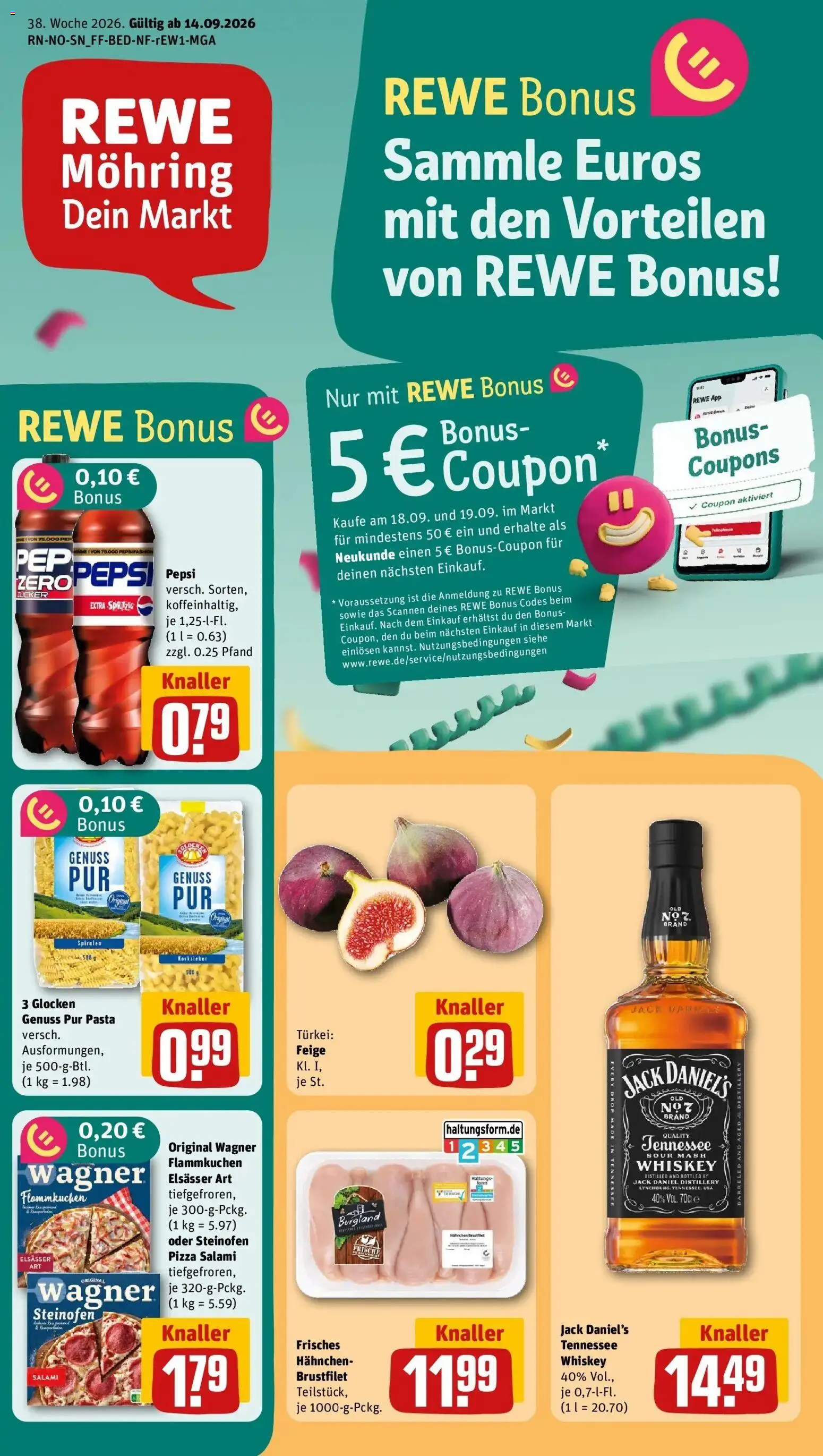 REWE Prospekt ab 14.09.2026 zum Blättern » Angebote | Seite: 1 | Produkte: Hahnchen, Zucker, Salami, Whiskey